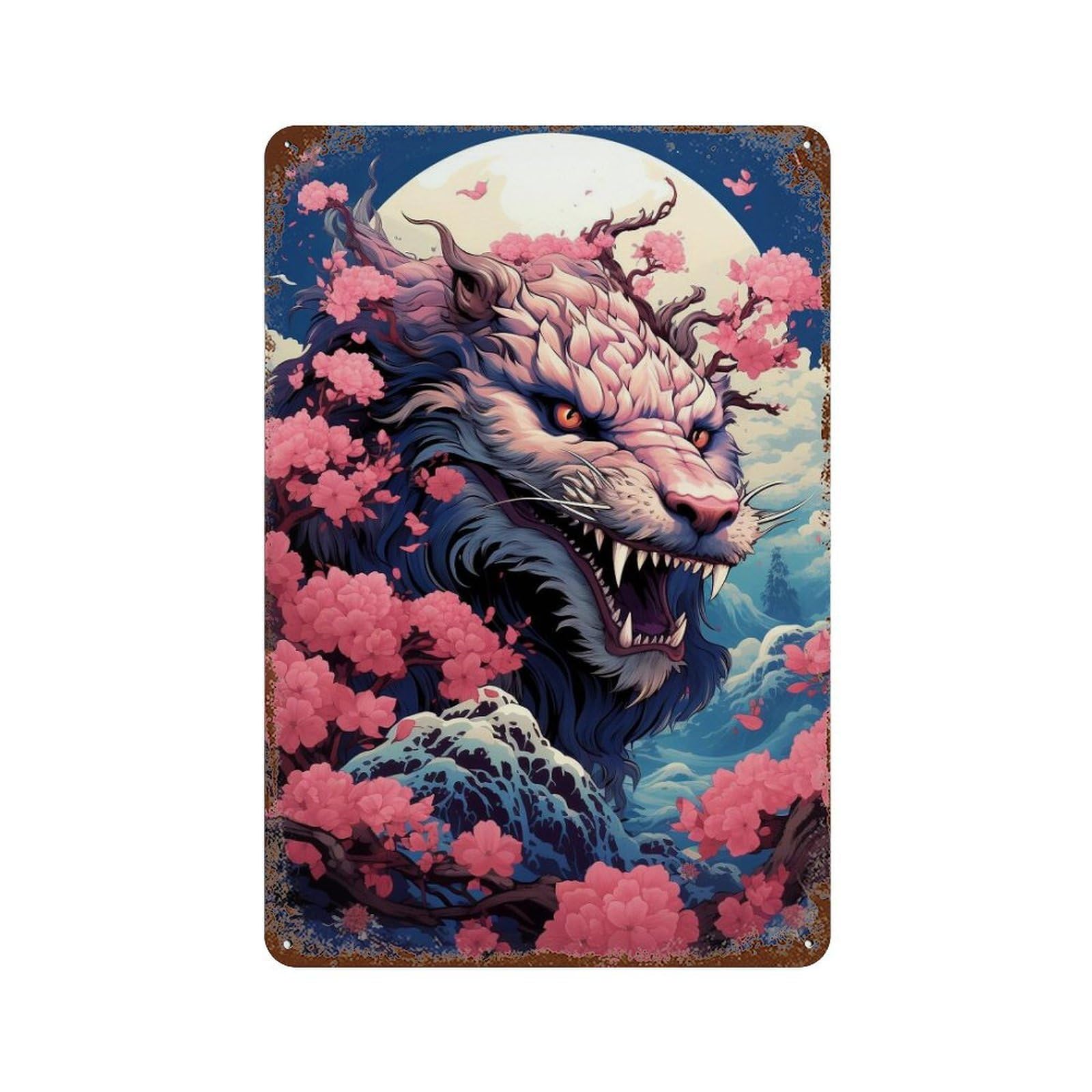 Fantasy Tiger with Cherry Blossoms Rust Effect Tin Sign 11.8"x7.9", Rustic Home Decor for Cafe, Home Bar And Lounge Decor