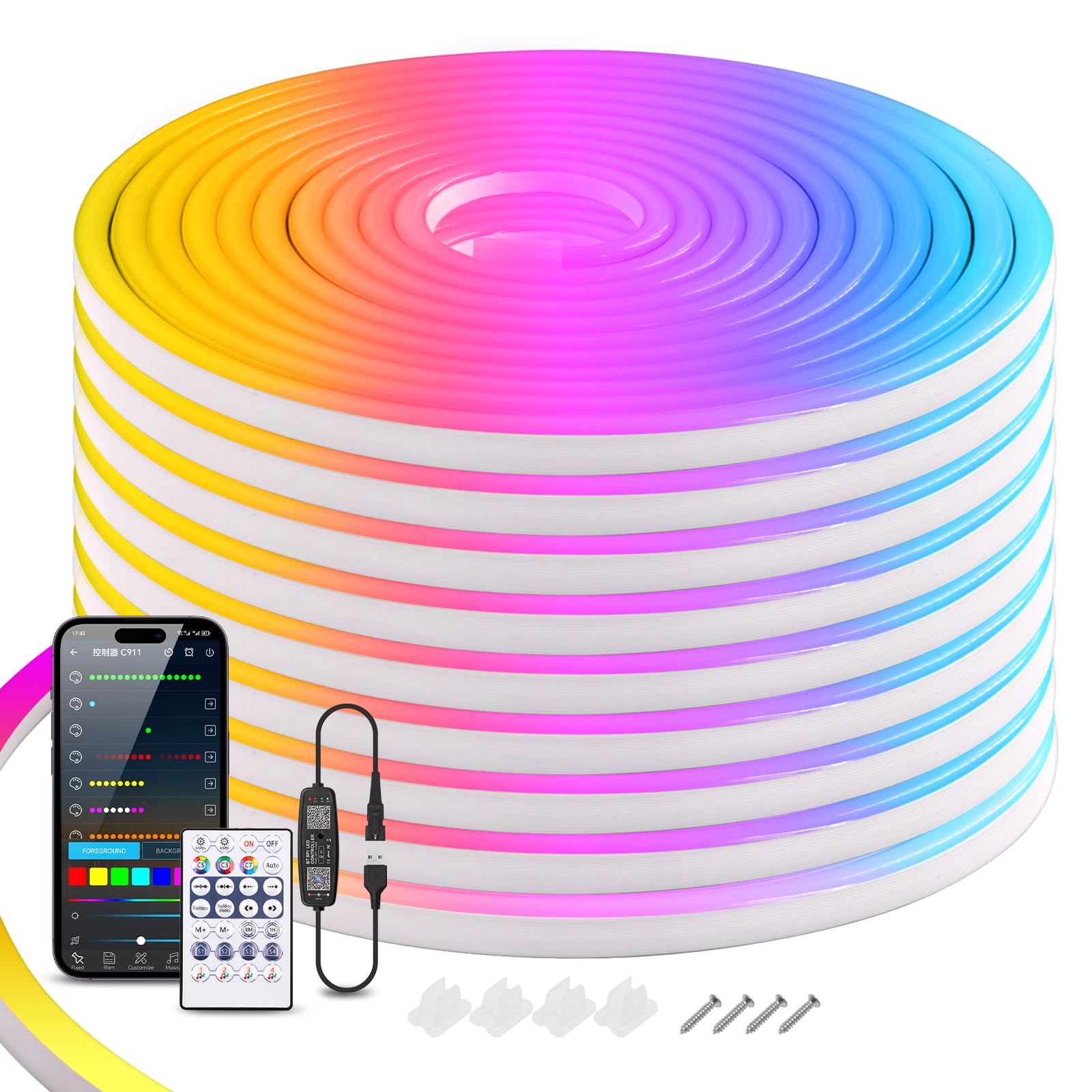 KISUFU RGB Led Strip Lights USB,5V LED Neon Rope Lights,Control with App/28-key Remote RF,Sound Control,IP65 Outdoor LED Neon Lights Strip Flexible for Bedroom, Gaming,Indoor,Party Decoration (5m)