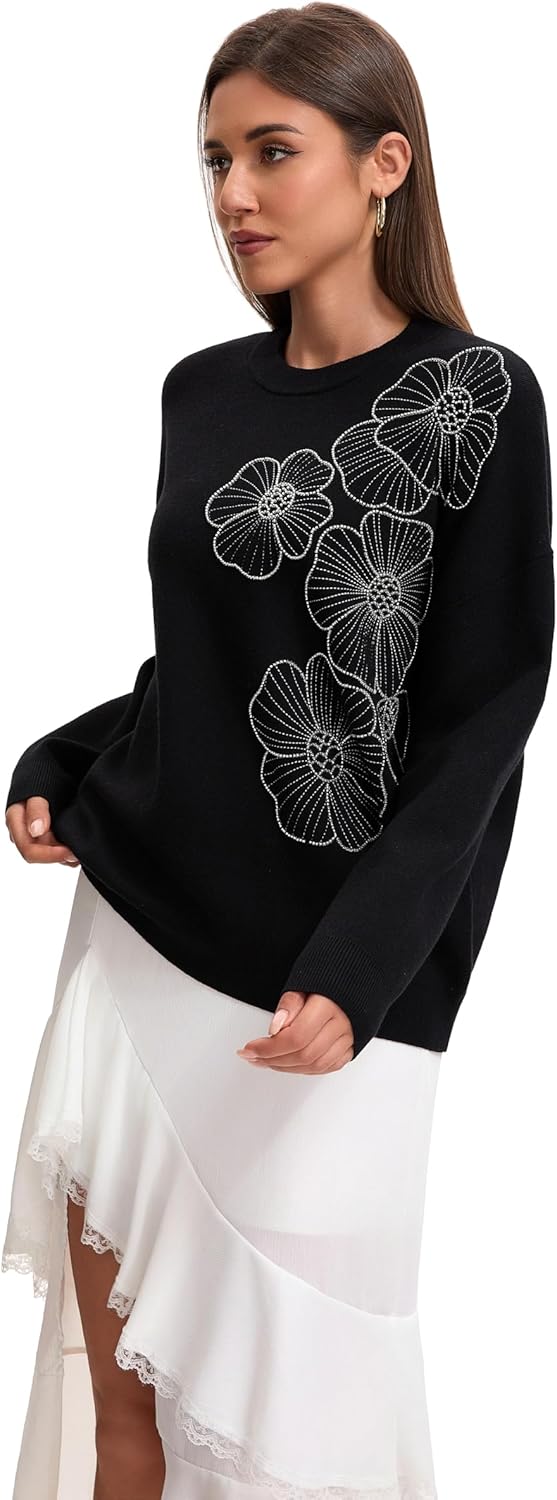 Froggirl Women's Floral Embroidered Crewneck Sweater Soft Knit Pullover Drop Shoulder Stylish Casual Top (Black 4, XXL)