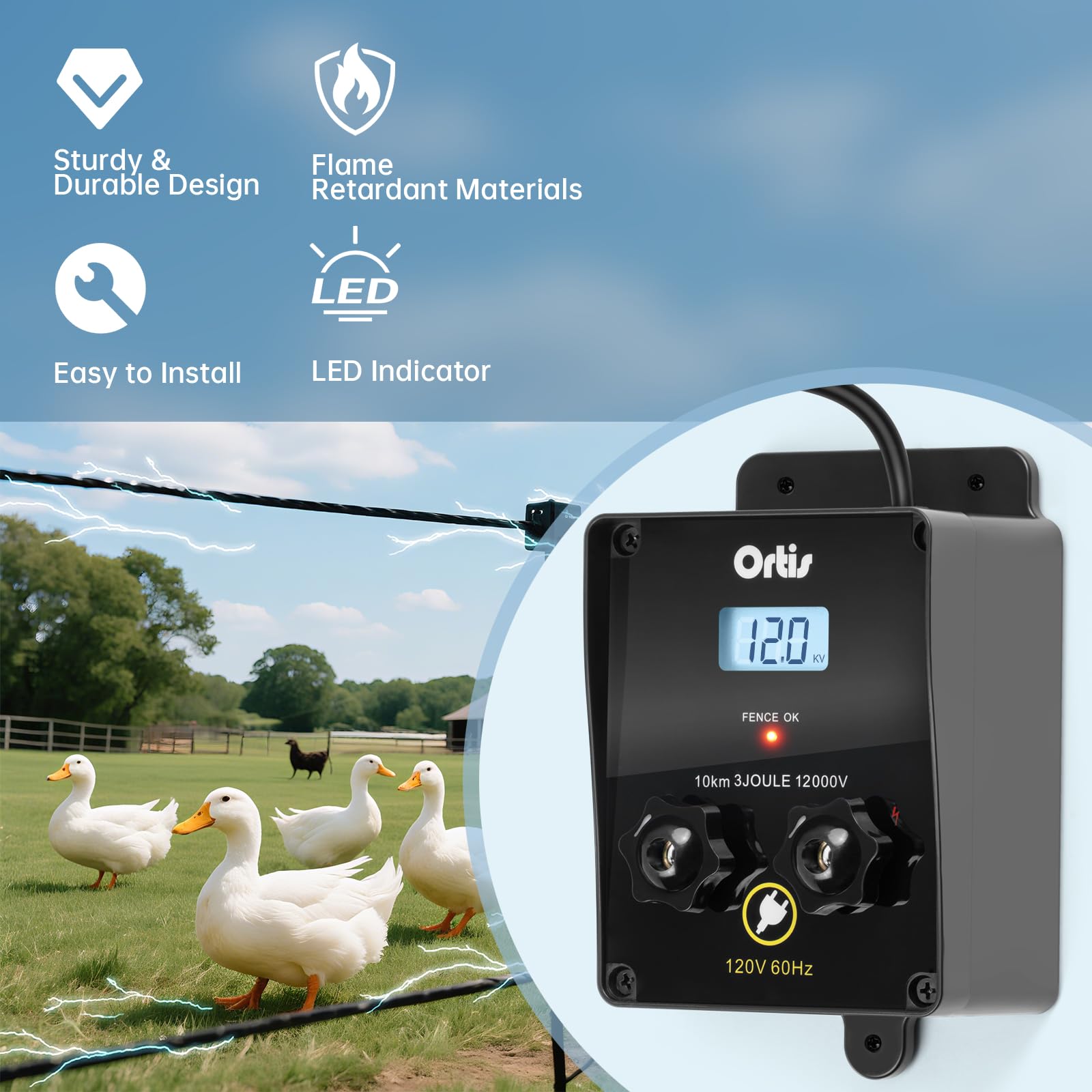 Ortis - Energizador eléctrico para valla con pantalla LCD, 12,000 V, 3 julios de carga eléctrica, rango de 6.2 millas, control seguro y eficaz de animales para protección de ganado, jardín y pastos