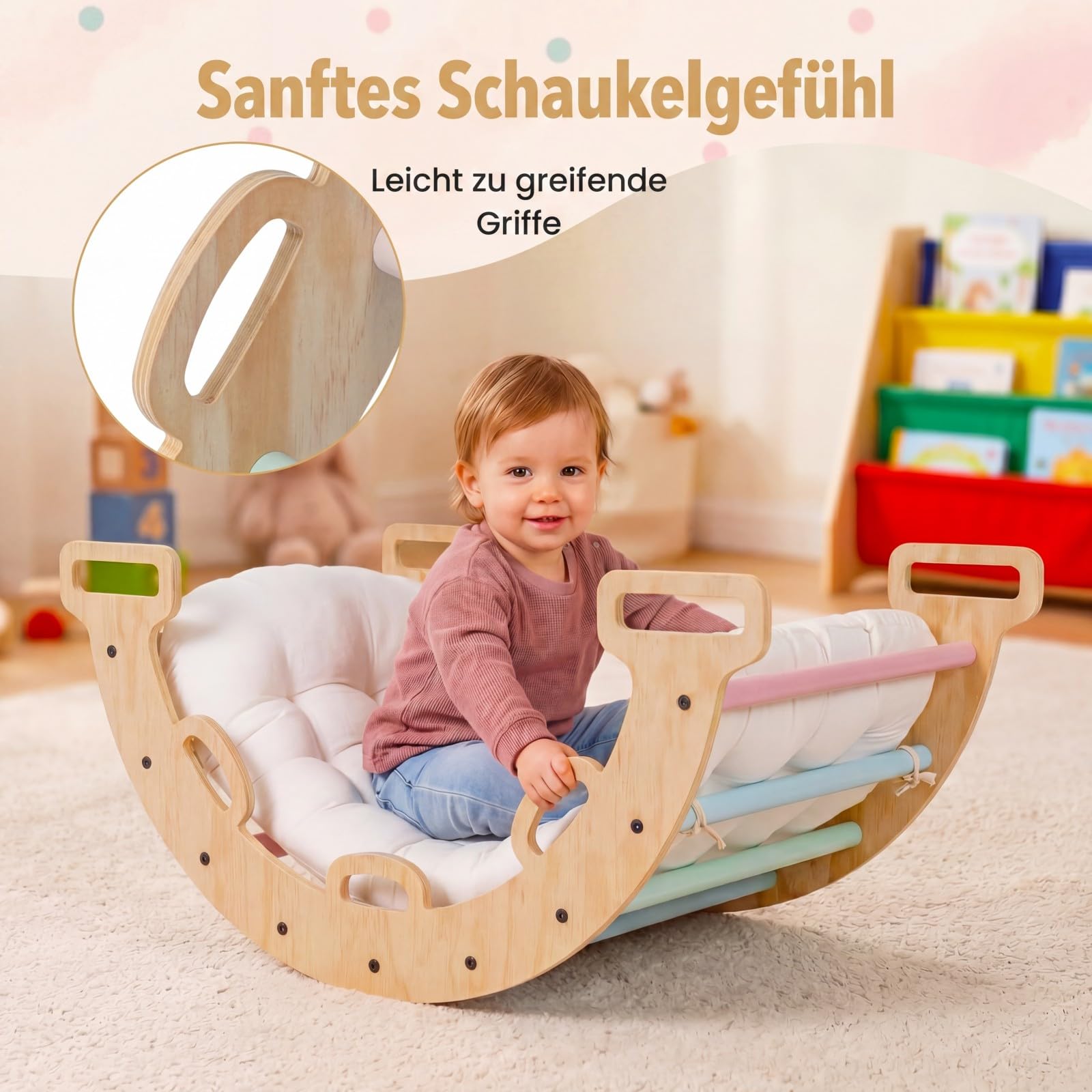 COSTWAY Kletterbogen Holz mit Kissen, Montessori Kletterwippe, Kletterdreieck zum Wippen, Klettern und Krabbeln, Bogenwippe, Regenbogen, Indoor Klettergerüst für Kinder ab 3 Jahre (Macaron)