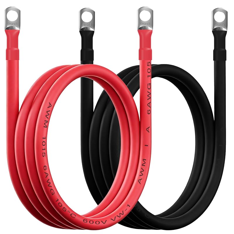 Cabos de bateria Veeloon 6 AWG em cobre puro com terminais 5/16" – 3 pés, par vermelho e preto