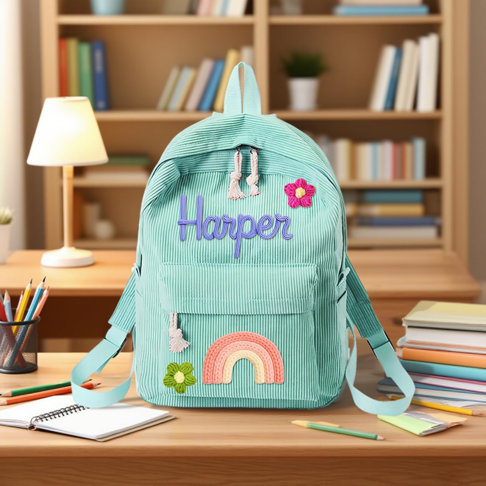 Sac à Dos Enfant Personnalisé en Velours Côtelé avec Prénom Brodé – Cartable Maternelle à Cordon en Coton, Sac Monogrammé pour Fille et Garçon, Idée Cadeau Rentrée Scolaire (Style 1)
