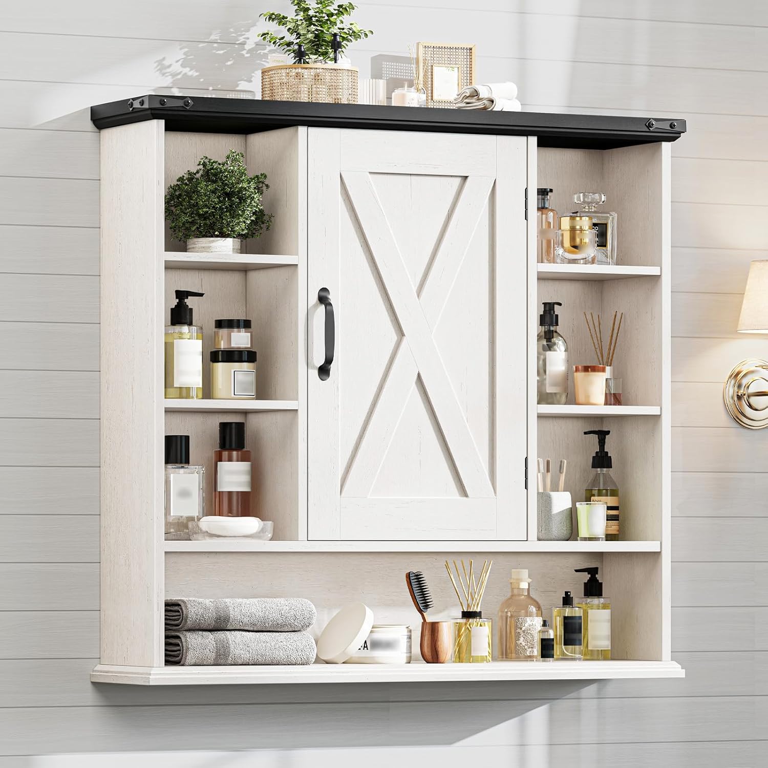 Bathroom Wall Cabinet, Farmhouse Medicine Cabinet with Adjustable Shelves and Barn Doors, Large Wall Mounted Over the Toilet Storage Cabinet for Bathroom, Laundry Room, Kitchen, Rustic White and Black