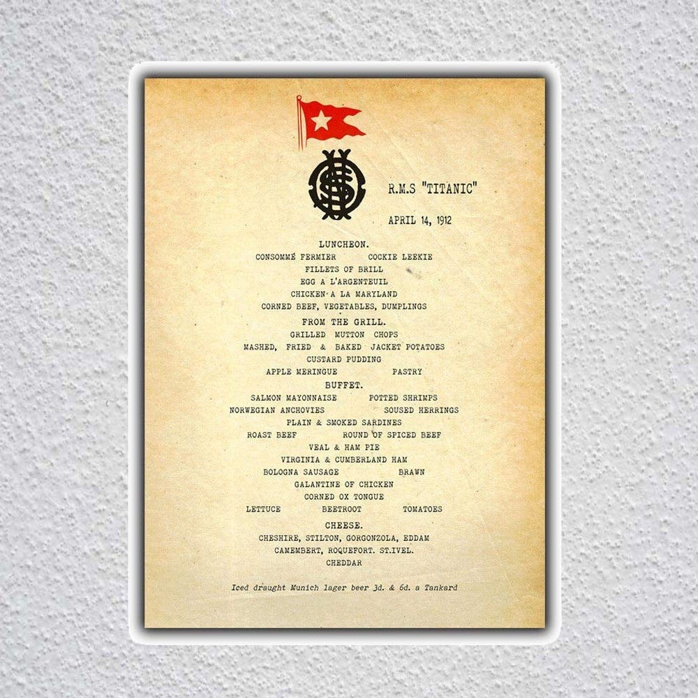 Titanic Lunch Menu Retro Vintage Tin Sign Metal Sign Vintage Metal Sign 8X12 Inches