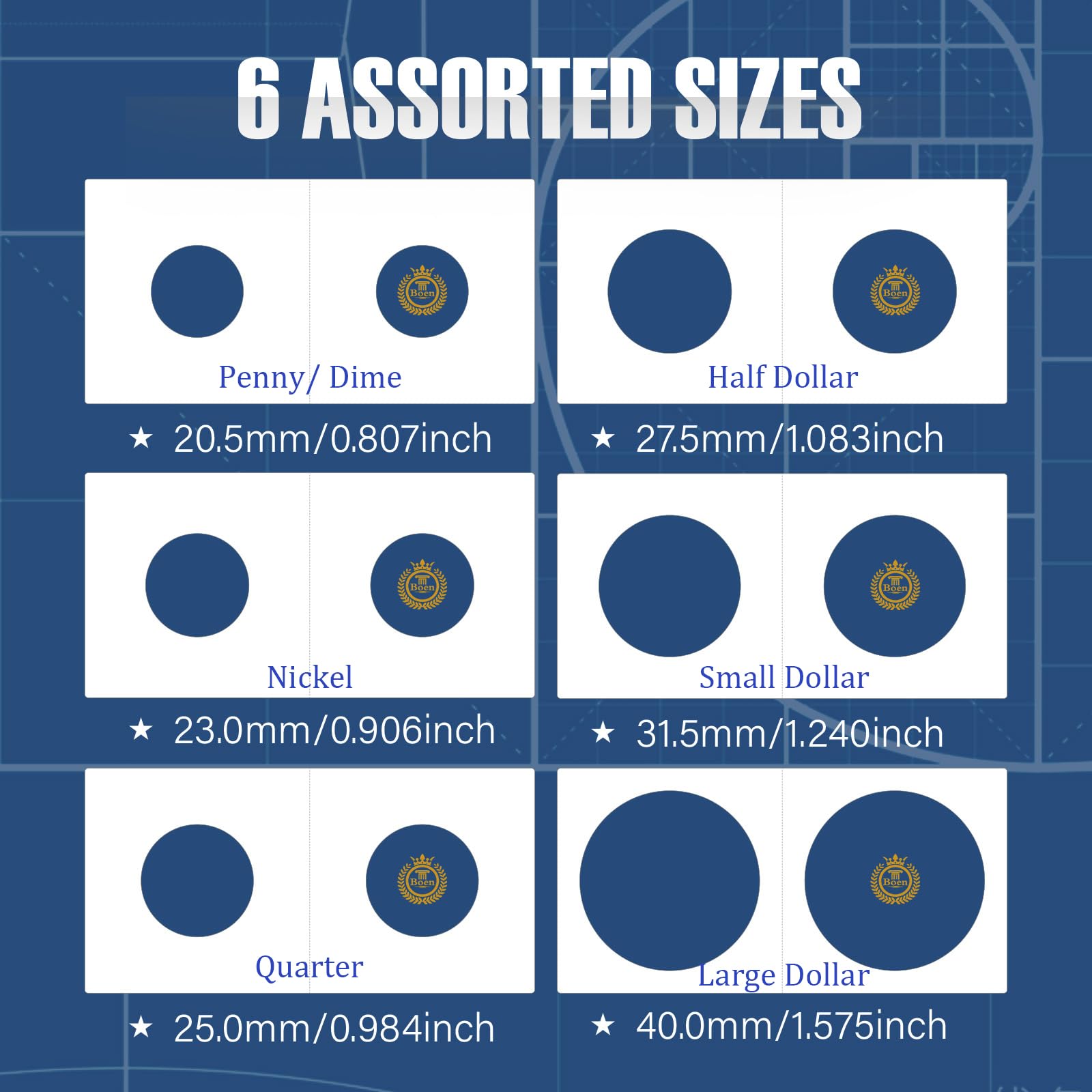 Boen 300PCS Coin Flips in 6 Sizes Cardboard Coin Holders for Colletors 2x2 inch Coin Cardboard Coin Flips for Coin Collection (Coin Flips 6-300)