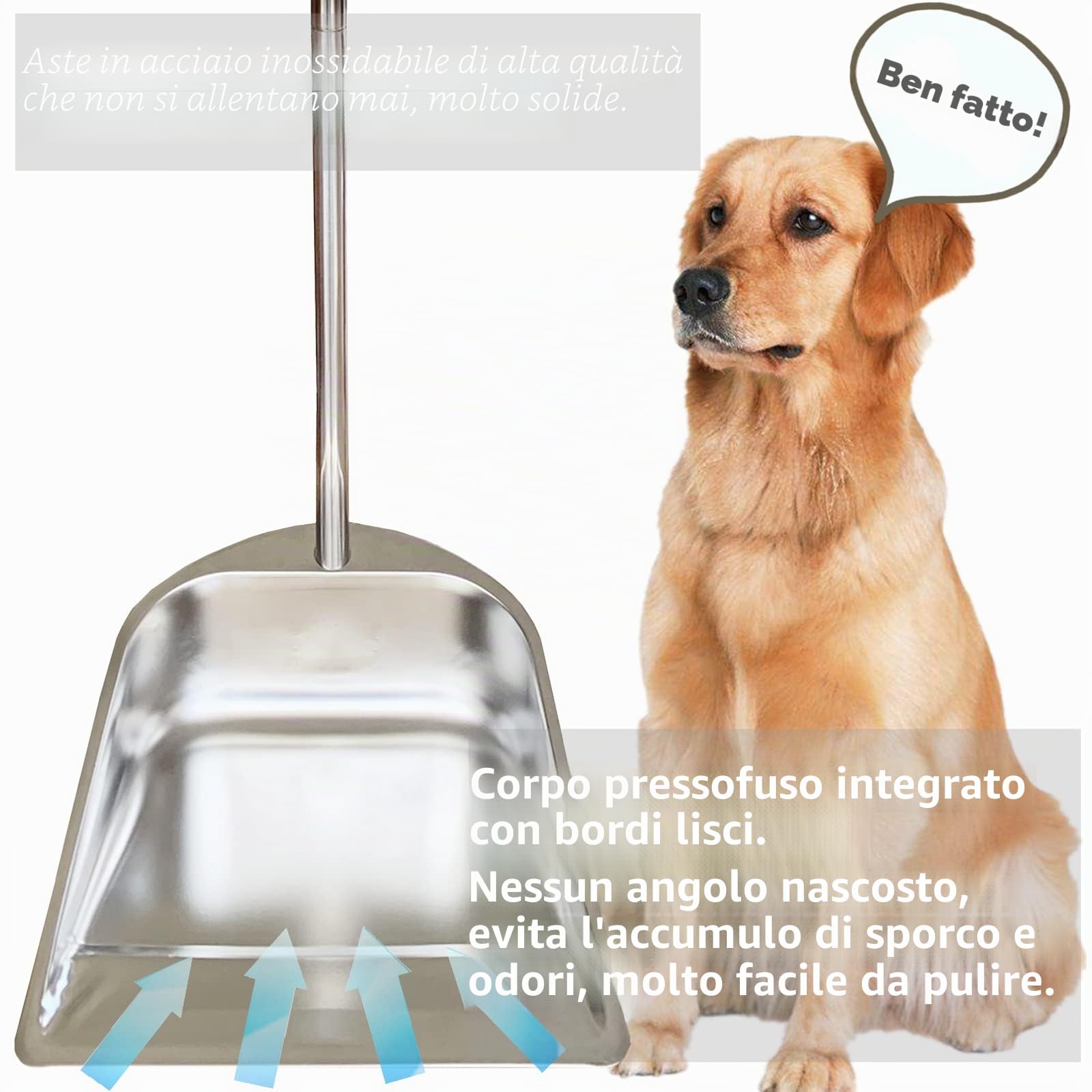 Paletta a manico lungo, 85 cm, resistente in acciaio inossidabile, design di grande capacità, per casa, ufficio, negozio, animali domestici, blu, 1 pezzo