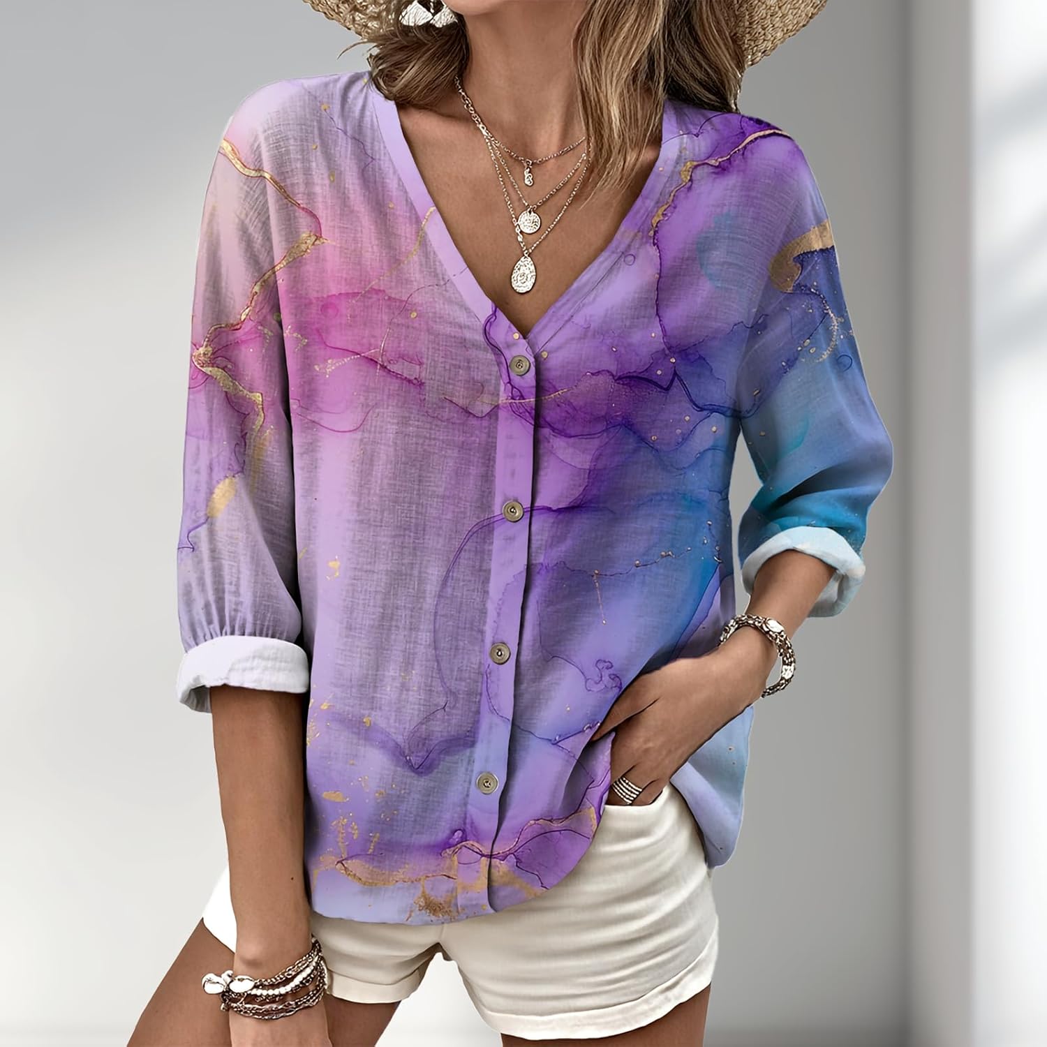Boho V Neck Flowy Shirts for Women Breathable Blouses for Women Oversized Button Shirts Trendy Vacation Wear - Image 2