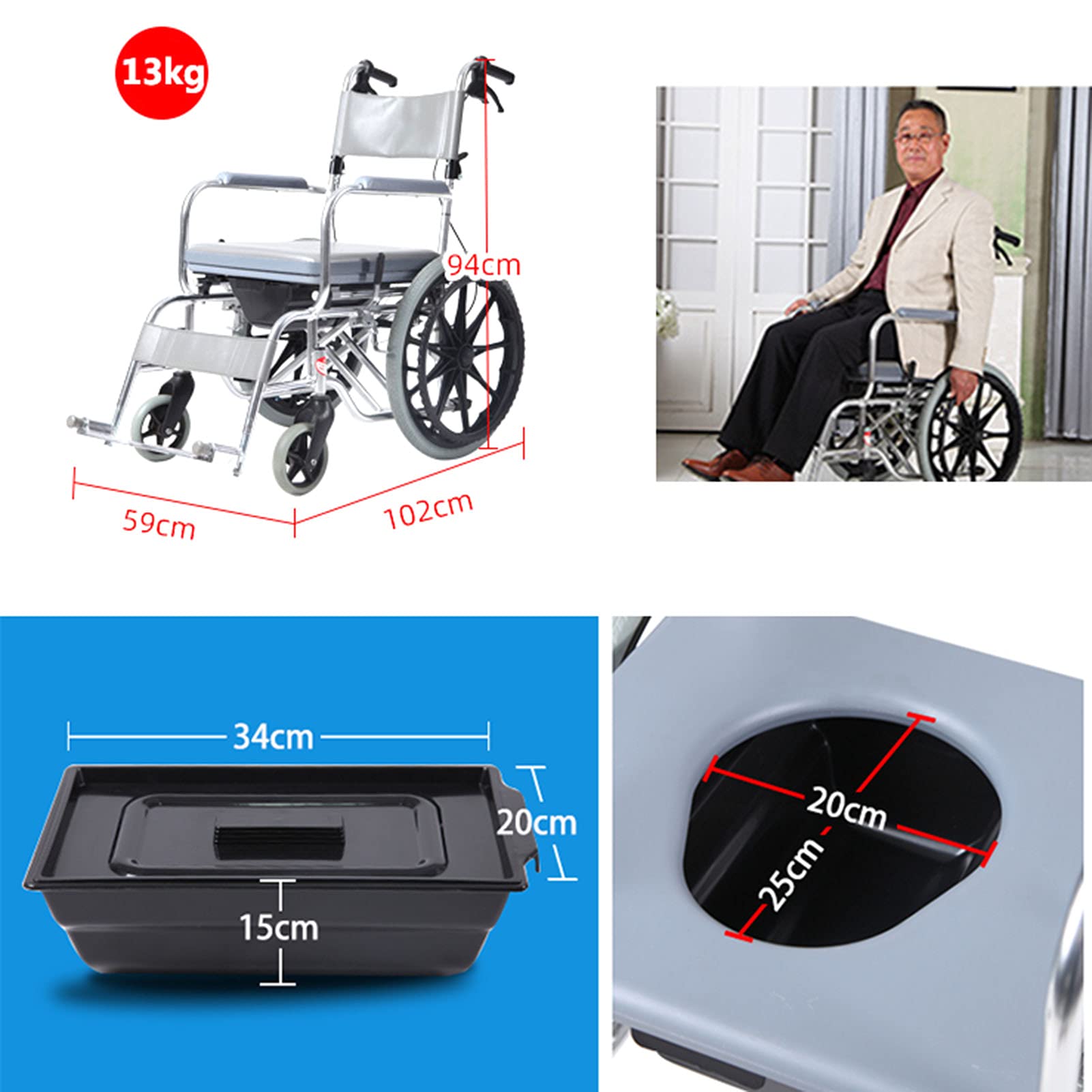 Carrozzine Leggere, carrozzine manuali per Adulti, Portatili, Pieghevoli, Facili da trasportare, per Anziani disabili, Antiscivolo, Resistenti all'Usura, ammortizzanti, a(Grey)