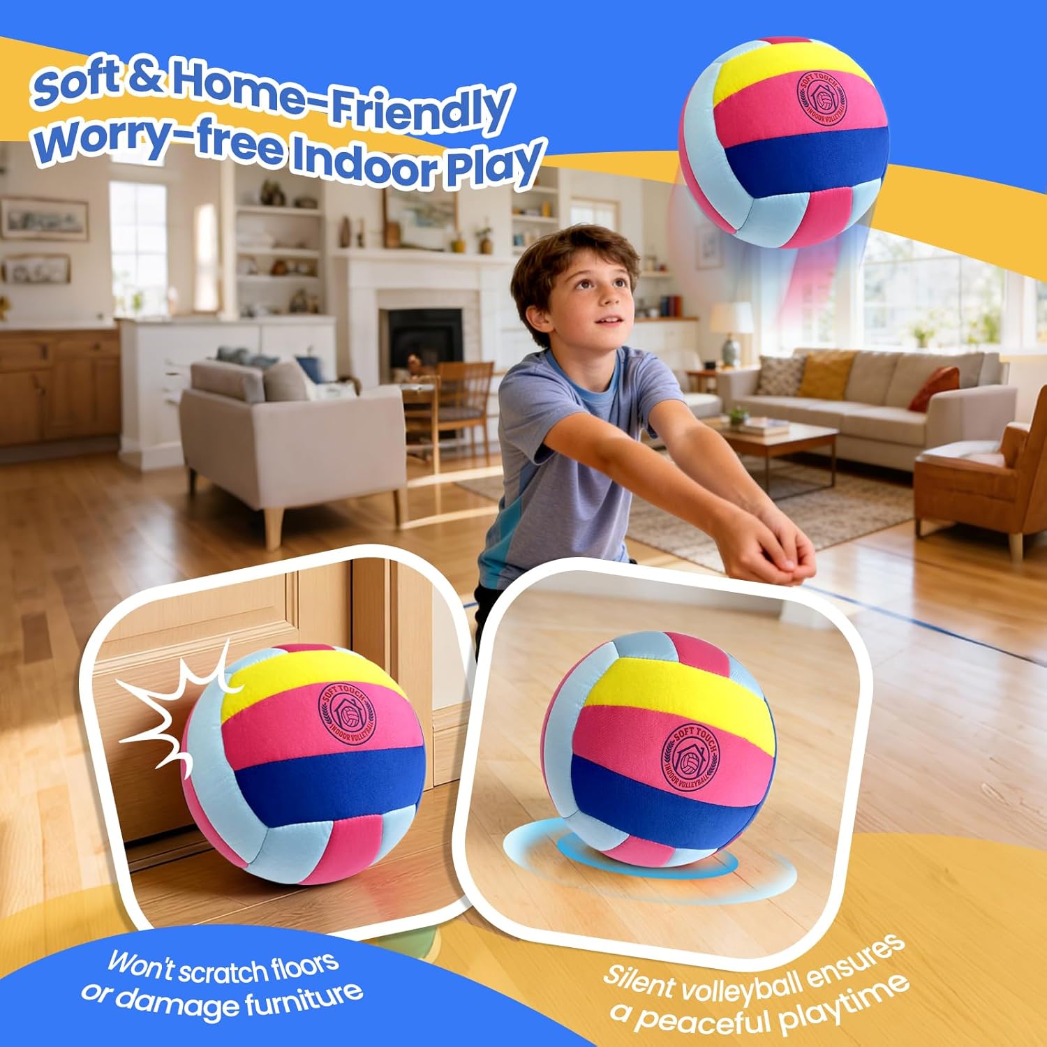 UBeesize Soft Indoor Volleyball with Pump, Silent and Safe Volleyball for Youth, Teenagers, and Beginners, Ideal for Practice, Training & Games at Home (Deflated)