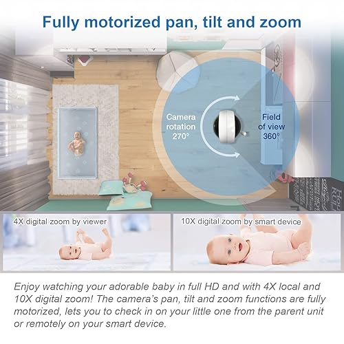 Miniatura 4 de VTech RM7764-2HD 1080p Smart WiFi Acceso remoto 2 cámaras BabyMonitor panorámica e inclinación de 360 zoom 10X pantalla HD 720p visión nocturna HD