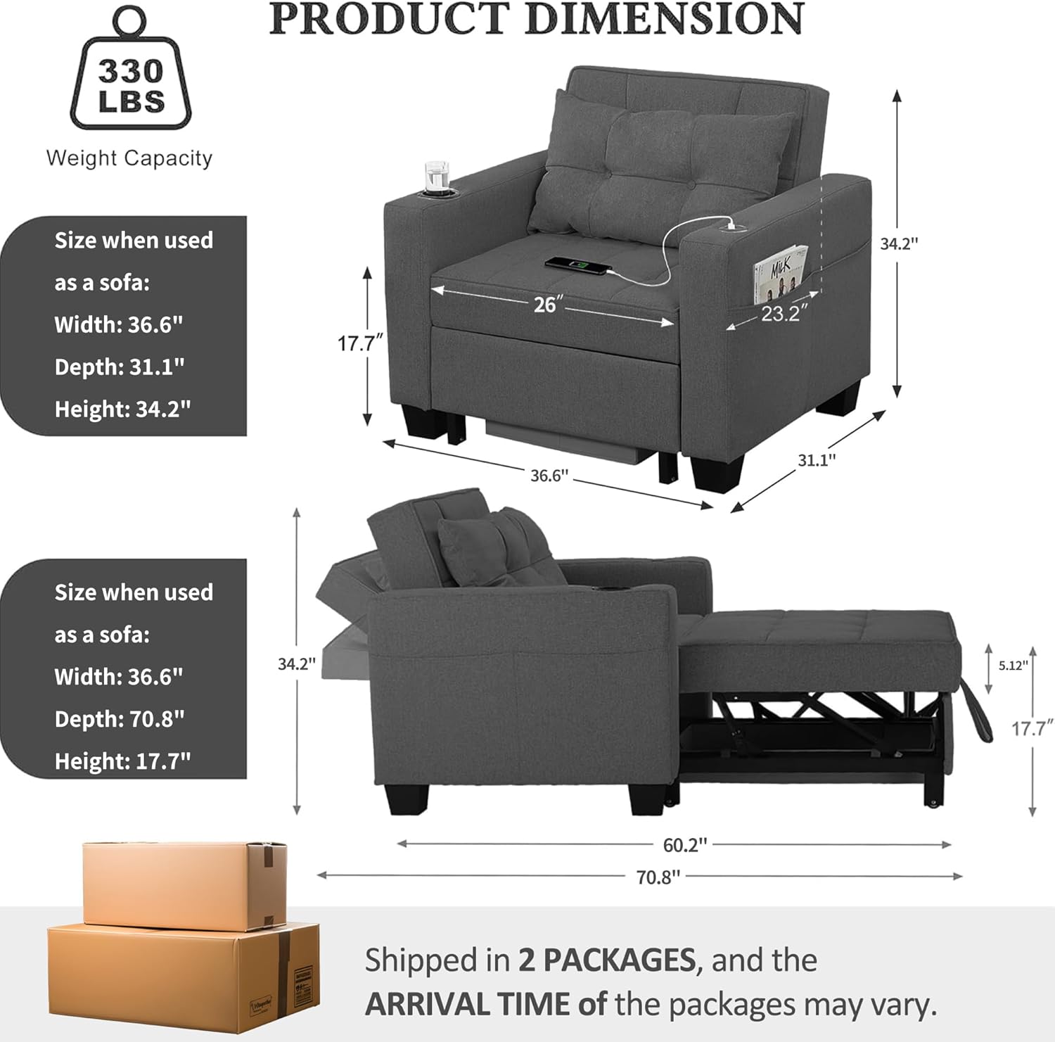 DURASPACE Pull Out Sofa Bed 3-in-1 Convertible Sofa Sleeper Chair Bed with USB, Cup Holder, Adjustable Armchair Beds for Small Spaces, Apartment, Living Room, Office (Dark Gray Linen)