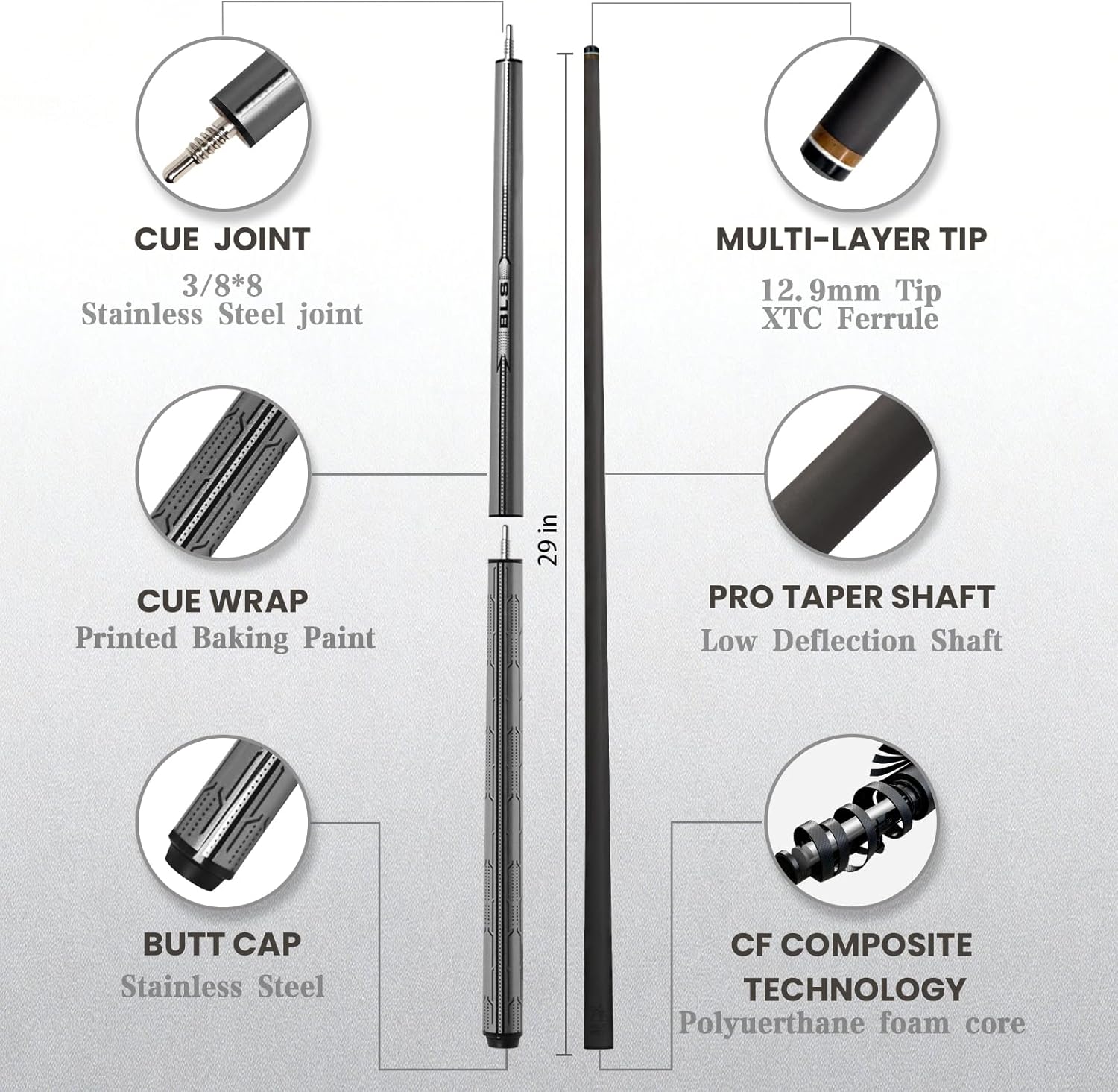 Carbon Fiber Jump Break Cue, Pro Taper Design, 12.9mm Cue Tip, Professional 3 Piece Break Cue, Uni-loc Joint Pin, Wrapless Grip, Low Deflection Break Cue Pool Sticks for Adults