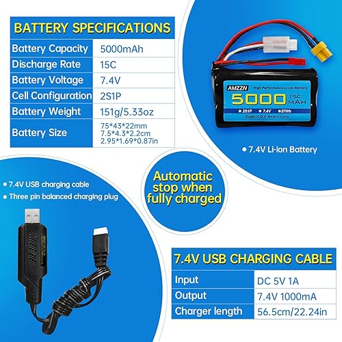 Miniatura 3 de Batería de iones de litio de 7.4V 5000mAh 2S con enchufe JST y enchufe XT30 con cable de carga USB para control remoto TX16S, TX18S, RC4GS, RC6GS,