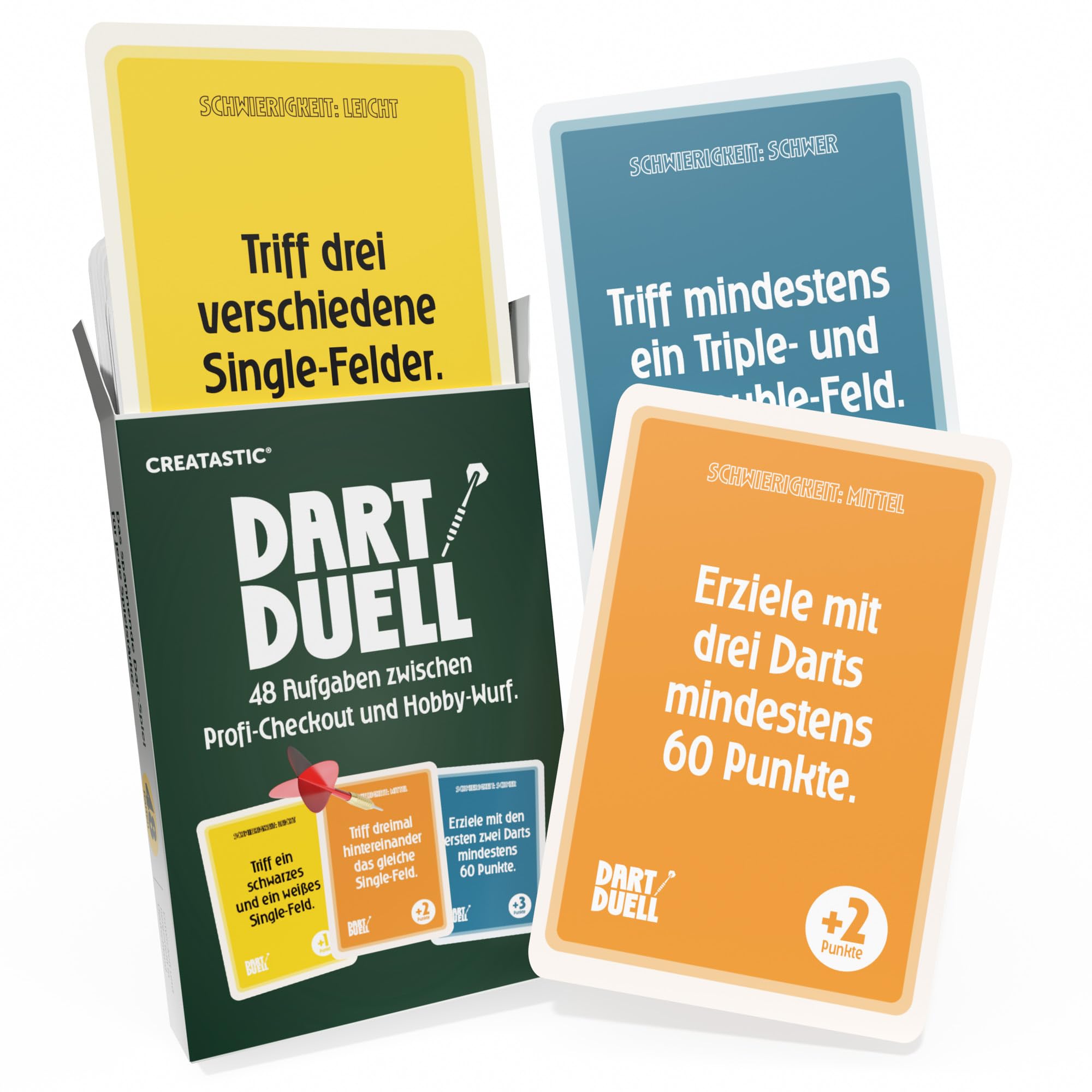 Creatastic - Dart Duell Kartenspiel, Dart Zubehör Kartenspiele Geschenk, 48 Aufgaben in 3 Schwierigkeitsstufen, hochwertiger 400 g/qm Quartett Karton, perfekt als Darts Zubehör Dartspiel Geschenk