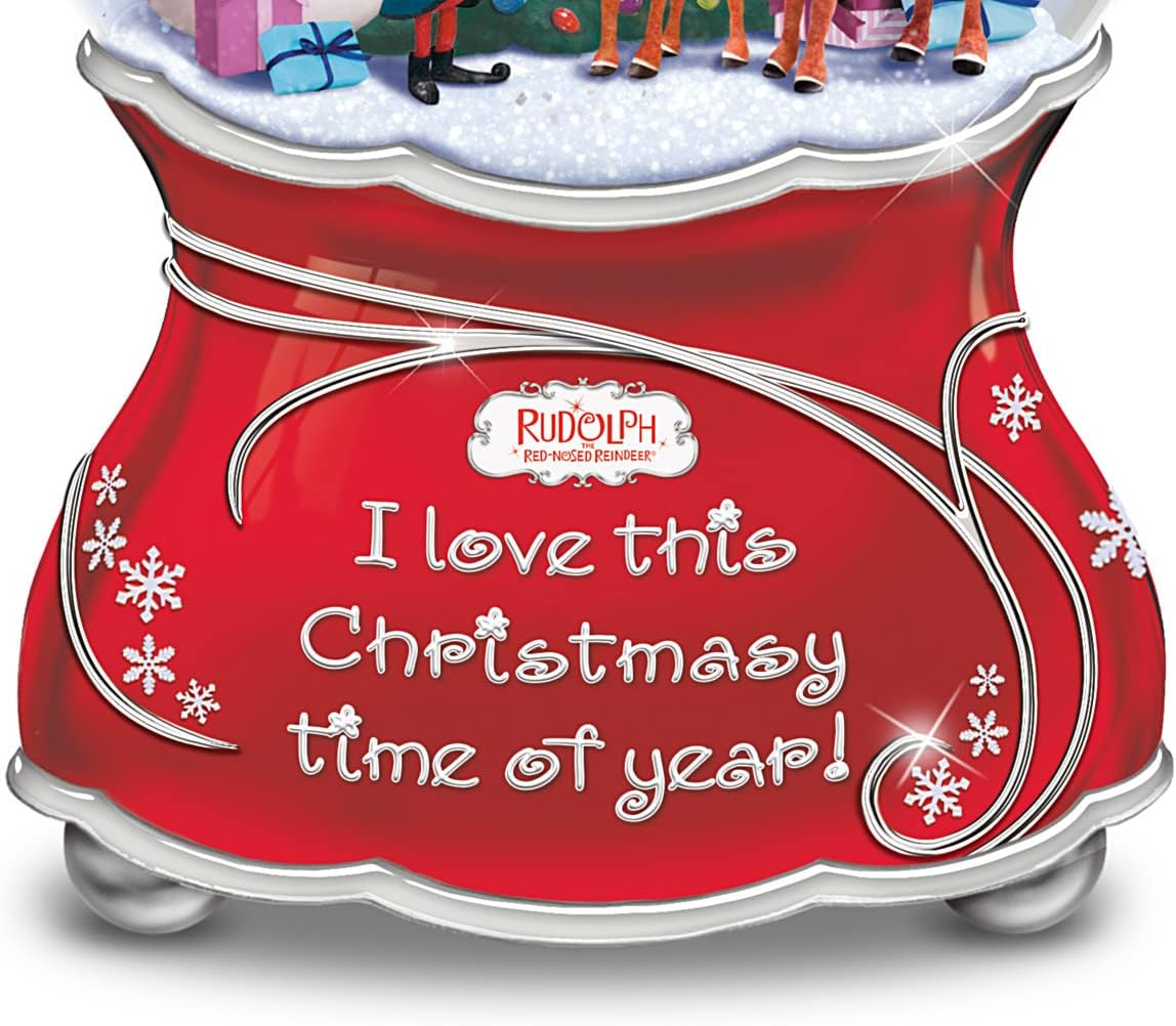 Rudolph The Red-Nosed Reindeer Musical Glitter Globe Featuring A Joyful Sentiment & Silvery Bas-Relief Accents On The Base