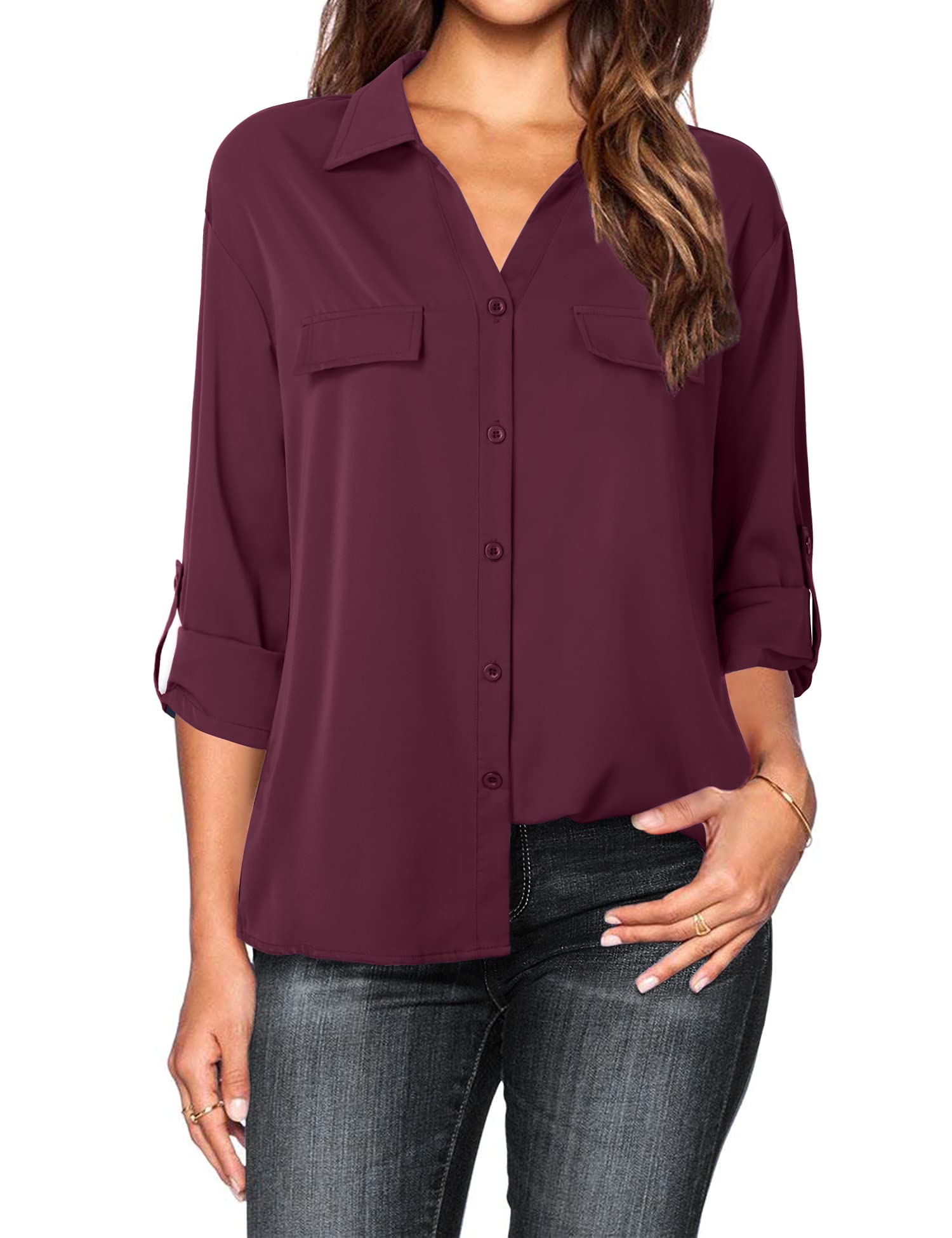 Lotusmile Women's Dressy Lapel Button Down Shirts for Work Office Business Casual Chiffon Blouse Tops