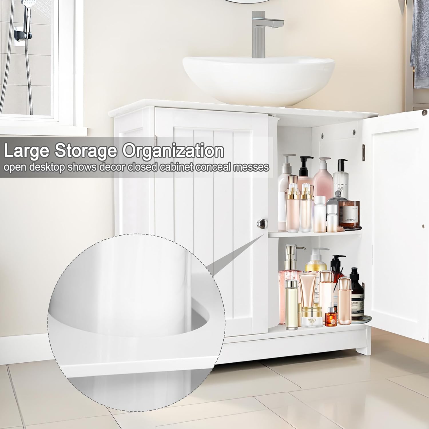 Pedestal Sink Storage Cabinet, Under Sink 2-Tier Cabinet with 2 Doors and Adjustable Shelf, Bathroom Sinks Cabinet with U-Shape Cut-Out, Under Pedestal Sinks Storage Cabinets for Bathroom, White