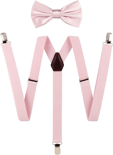 TIE G Solid Color Men's Braces + Woven Bow Tie Set for Wedding : Vivid Color, Adjustable Suspender, Strong Clip, Elastic Band