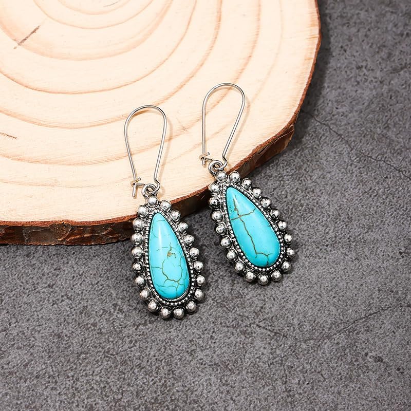 Vintage Turquoise Teardrop Earrings, Antique Silver Beaded Border, Long Hook Dangle, Boho Drop Earrings for Women - Image 3