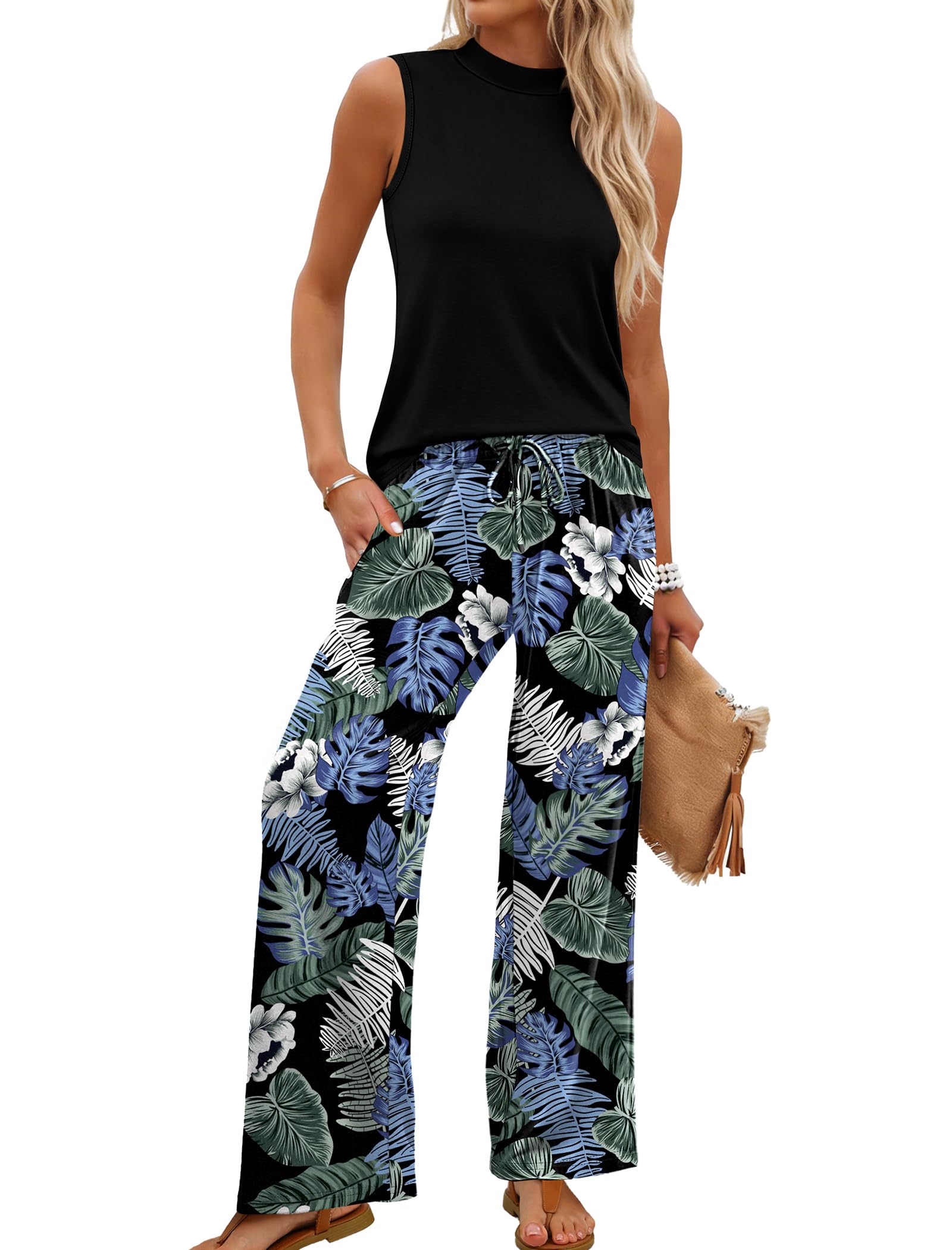 WIHOLL Two Piece Set for Women Summer Spring Outfits Cruise Travel Airport Beach Vacation Mock Neck Wide Leg Pants Set