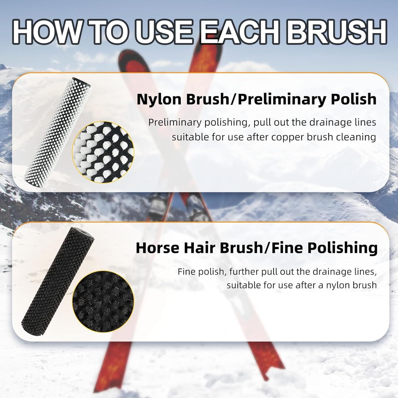 Kit de brosses rotatives pour skis, axe de poignée pour brosse rotative, axe de poignée de 150 mm/200 mm/300 mm avec 3 brosses (nylon, laiton, crin de cheval) pour le fartage,utilisation avec perceuse