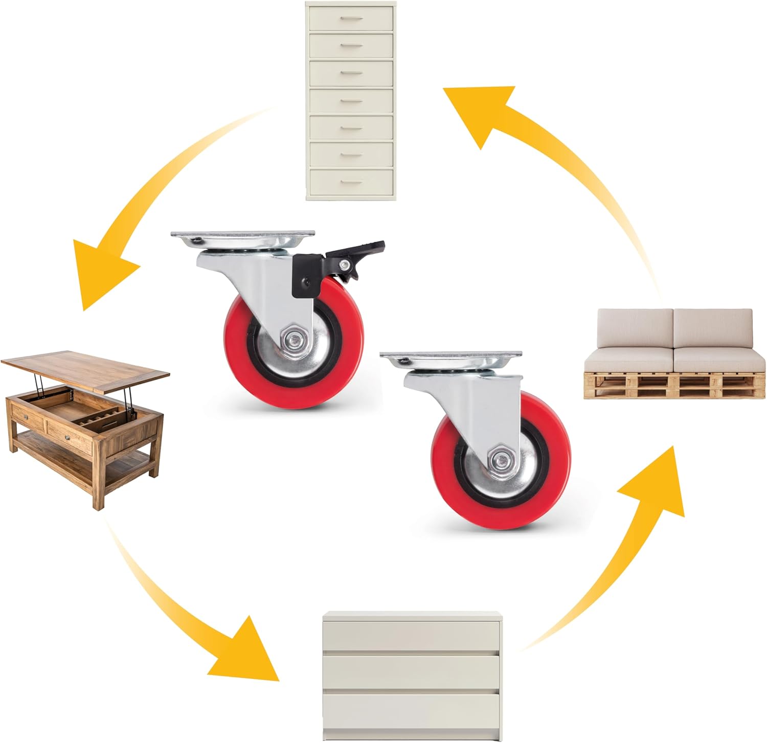 Emuca - Red castors kit with Plate-Mounted, Ø50mm (1,96 inch), 2 with Brake and 2 Without Brake, Steel and Plastic