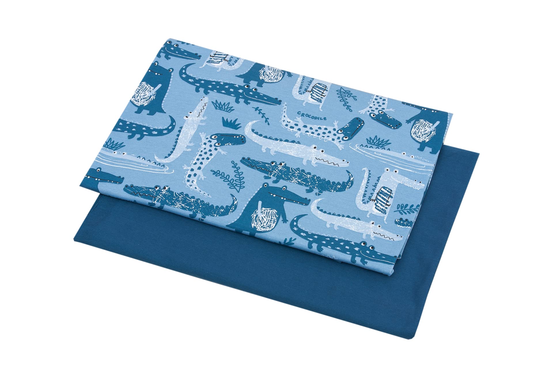 Duo, tessuto jersey da cucire, 92% cotone, 8% elastan, tessuto per bambini, jersey di cotone, motivo: coccodrillo blu scuro, 2 x 200 cm x 160 cm, prezzo base per m² = 6,24