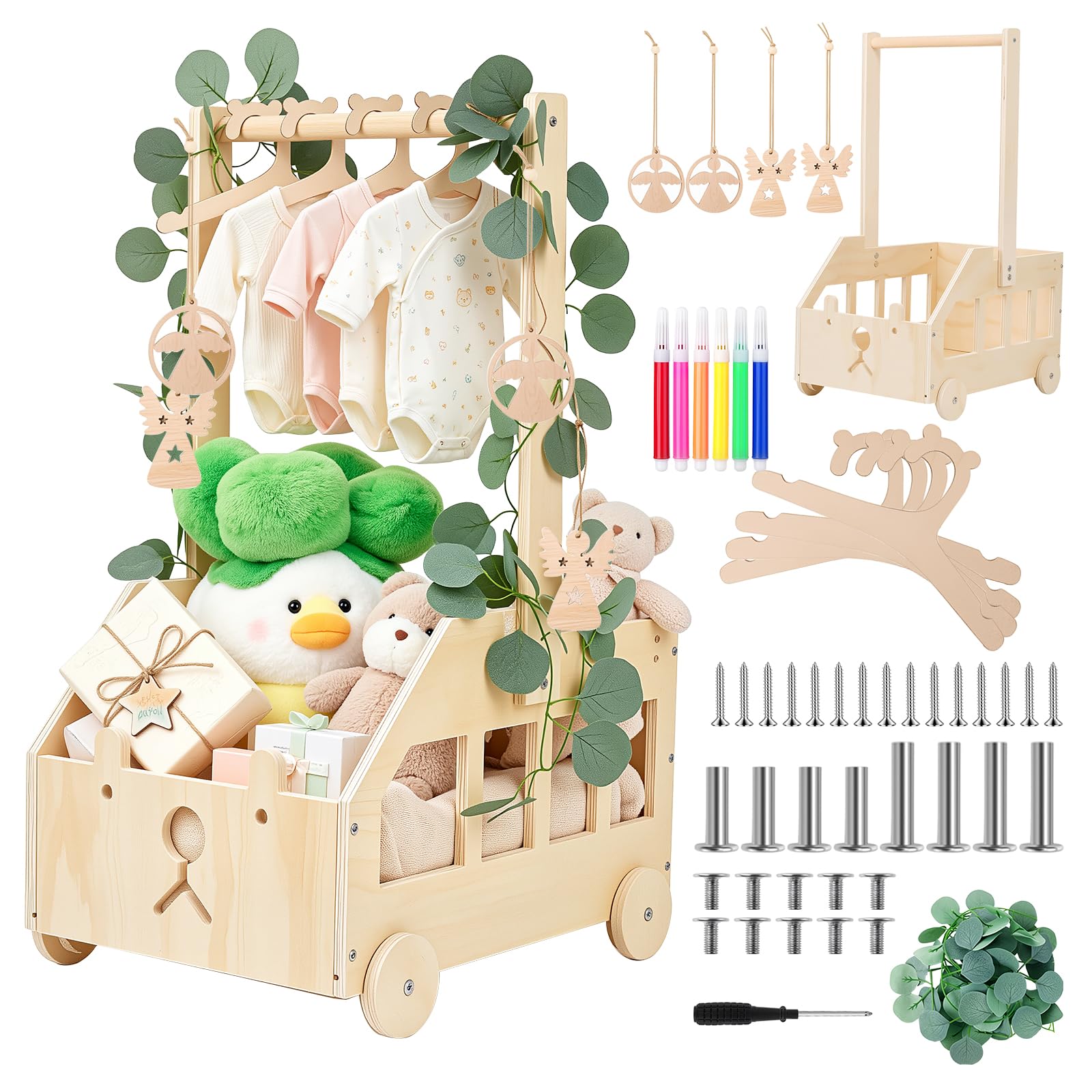 Cesto Nascita Bimbo in Legno con Ruote, Maniglia e 5 Grucce, Cesto Regalo Organizzatore per Prodotti Neonato, Idea Regalo Nascita e Regalo Baby Shower, Design Orsetto per Cameretta