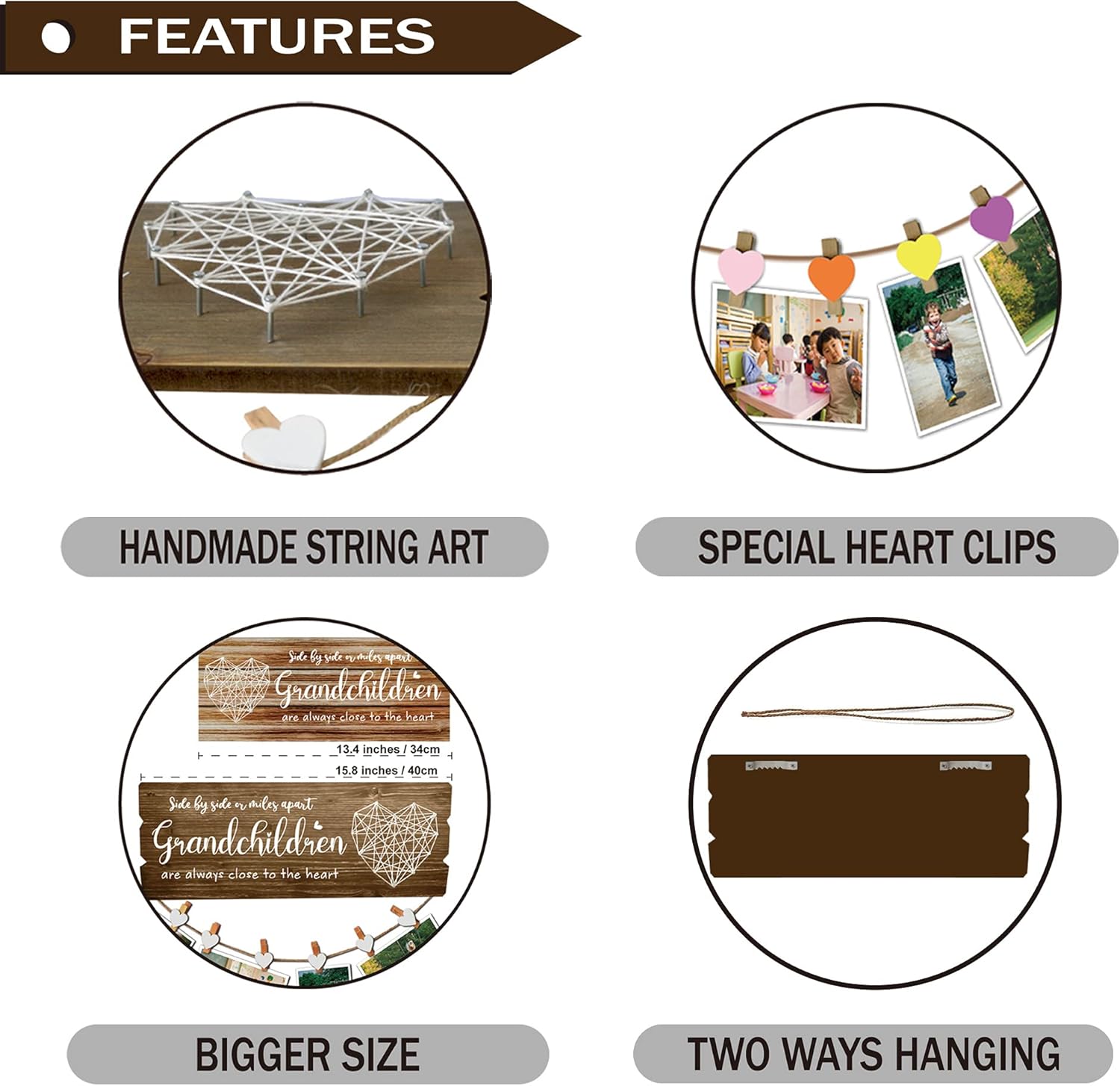 Buecasa Gifts for Grandma from Grandson and Granddaughter - Nana Grammy Birthday Gifts Picture Holder with 6 Heart Clips 15.8x6.0 Inches - Image 5