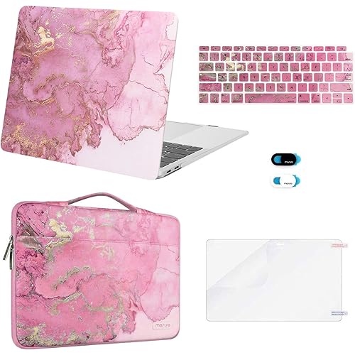 MOSISO Compatible with MacBook Air 13 inch Case 2022, 2021, 2020-2018 Release A2337 M1 A2179 A1932 Retina, Plastic Watercolor Marble Hard Case&Bag&Keyboard Skin&Webcam Cover&Screen Protector, Pink