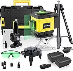 Nível a Laser Verde 360° Autonivelante 4D com 16 Linhas Cruzadas, Controle Remoto + Tripé - Kit Completo com Suporte e Caixa de Ferramentas para Construção (Preto e Amarelo)