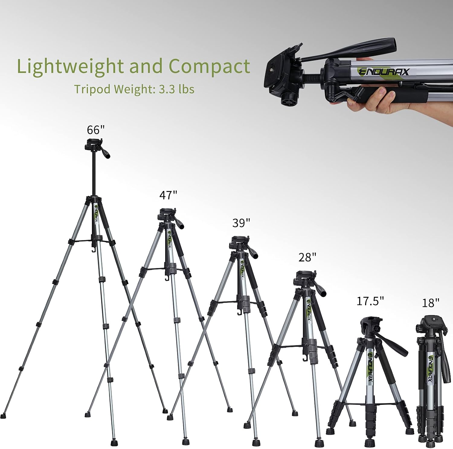 Endurax 66 Video Camera Tripod Compatible with Canon Nikon Lightweight Aluminum Travel DSLR Camera Stand with Universal Phone Holder Mount and Carry Bag