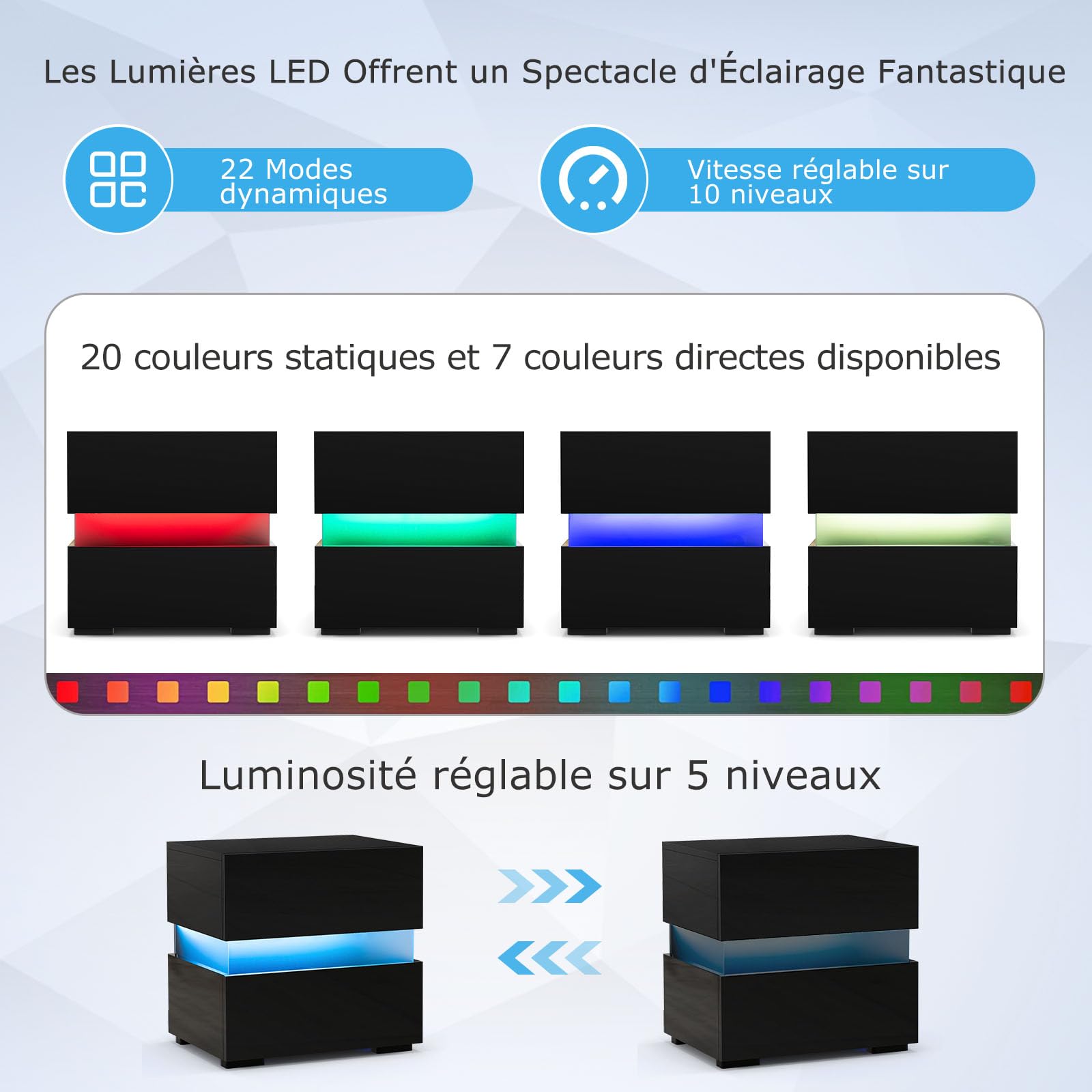 COSTWAY Table de Chevet Laquée 2 Tiroir, Table de Nuit Lumineuse Télécommandée, 22 Modes, 5 Luminosités, 10 Vitesses, Panneaux Acryliques, Chevet de Lit pour Chambre, Salon (Noir)