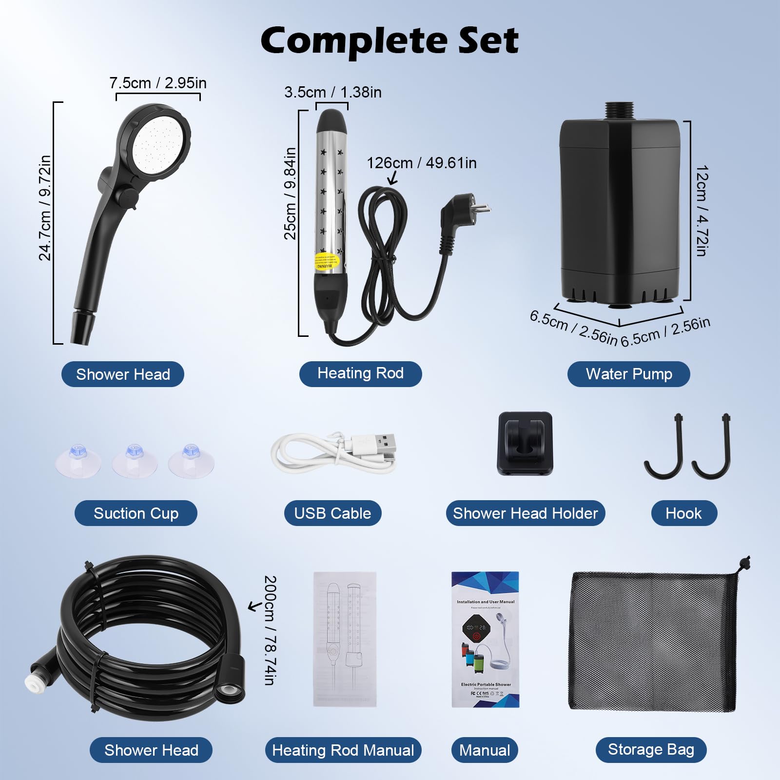 Douche de Camping avec Batterie 6000 mAh, Pompe et Tuyau d'arrosage de 200 cm, Douche Mobile pour Le Jardin, Le Lavage de Voiture, Les Animaux, la Plage et Les Voyages
