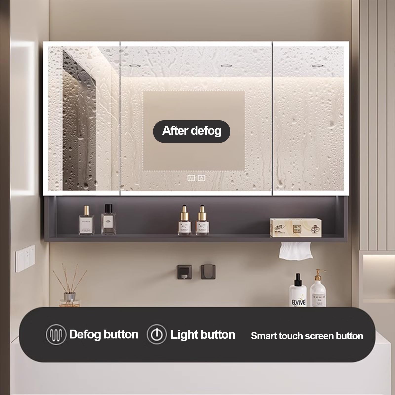Espejo Baño con Luz, Antivaho, Espejo de Baño con Almacenaje, Armario Baño Pared, Mueble Espejos de Baño para Salón, Dormitorio