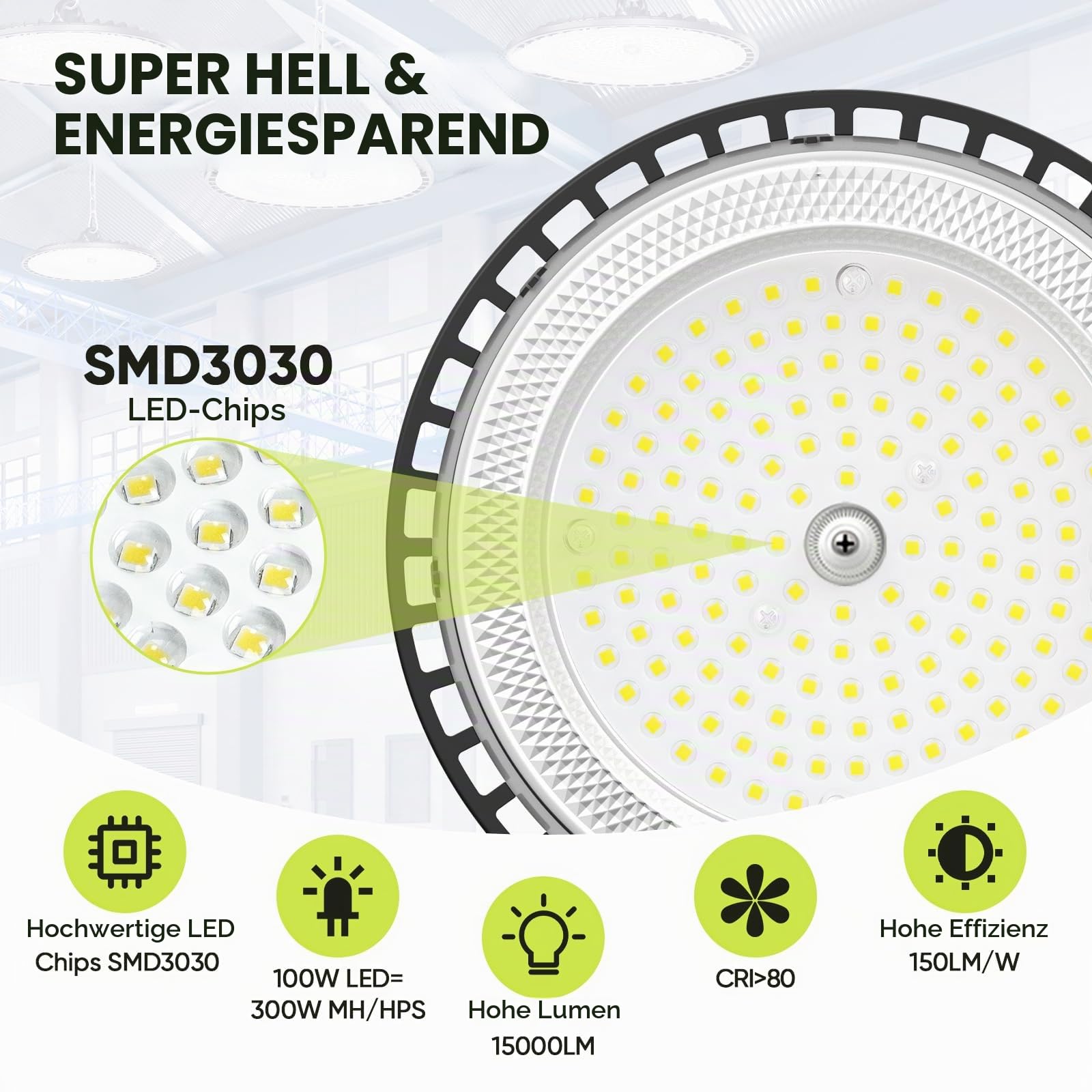 6 Pack 100W UFO LED Werkstatt Deckenleuchte, Werkstattlampe LED 15000LM, 6000K Kaltweiß Garagenlampe Led, IP65 Wasserdichte Lampe Werkstatt für Fabriken, Lagerhaus, Garage, Beleuchtung