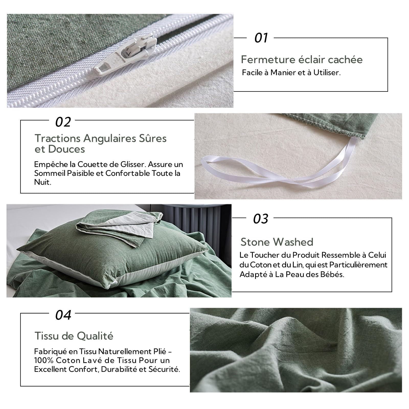 MILDLY Housse de Couette 220x240 Coton - Certifié Öeko-Tex - Vert Sauge | Housse de Couette avec Fermeture Éclair, 100% Coton Lavé, Texture Lin, Parure de Lit avec 2 Taies d'oreiller 65x65 cm