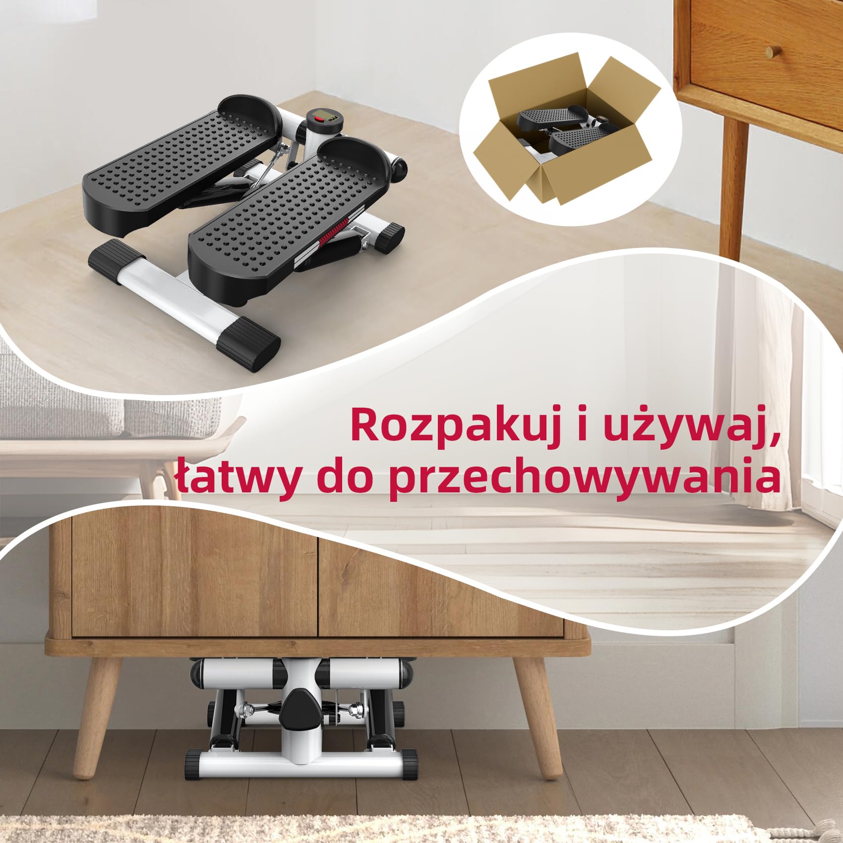 ST1 Mini Stepper do domu, 2 w 1: stepper góra–dół z linkami oporowymi, wyświetlacz LCD, regulowany opór, trening nóg i rąk, cichy i kompaktowy, maksymalne obciążenie 100 kg.