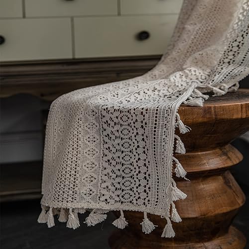 Miniatura 7 de 2 paneles de cortinas bohemias de ganchillo, cortinas semitransparentes con borlas para dormitorio y sala de estar (beige, 59 x 63 pulgadas)