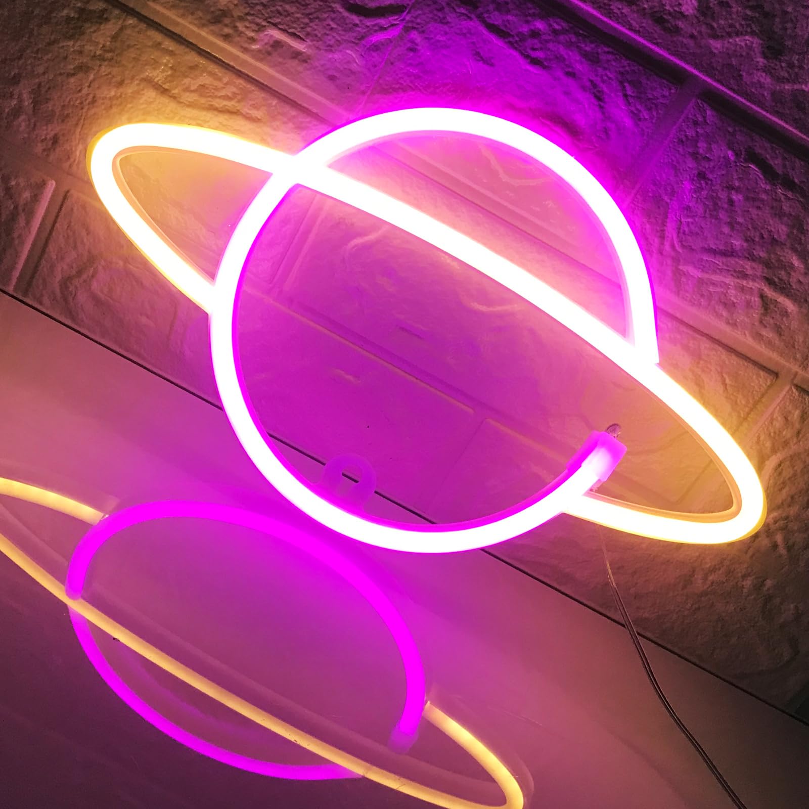Planet neon znak - USB/bateria Driven LED znak sypialni neonowy znak ścienny dekoracje urodzinowe ślub Boże Narodzenie dekoracja pokoju, różowy + żółty