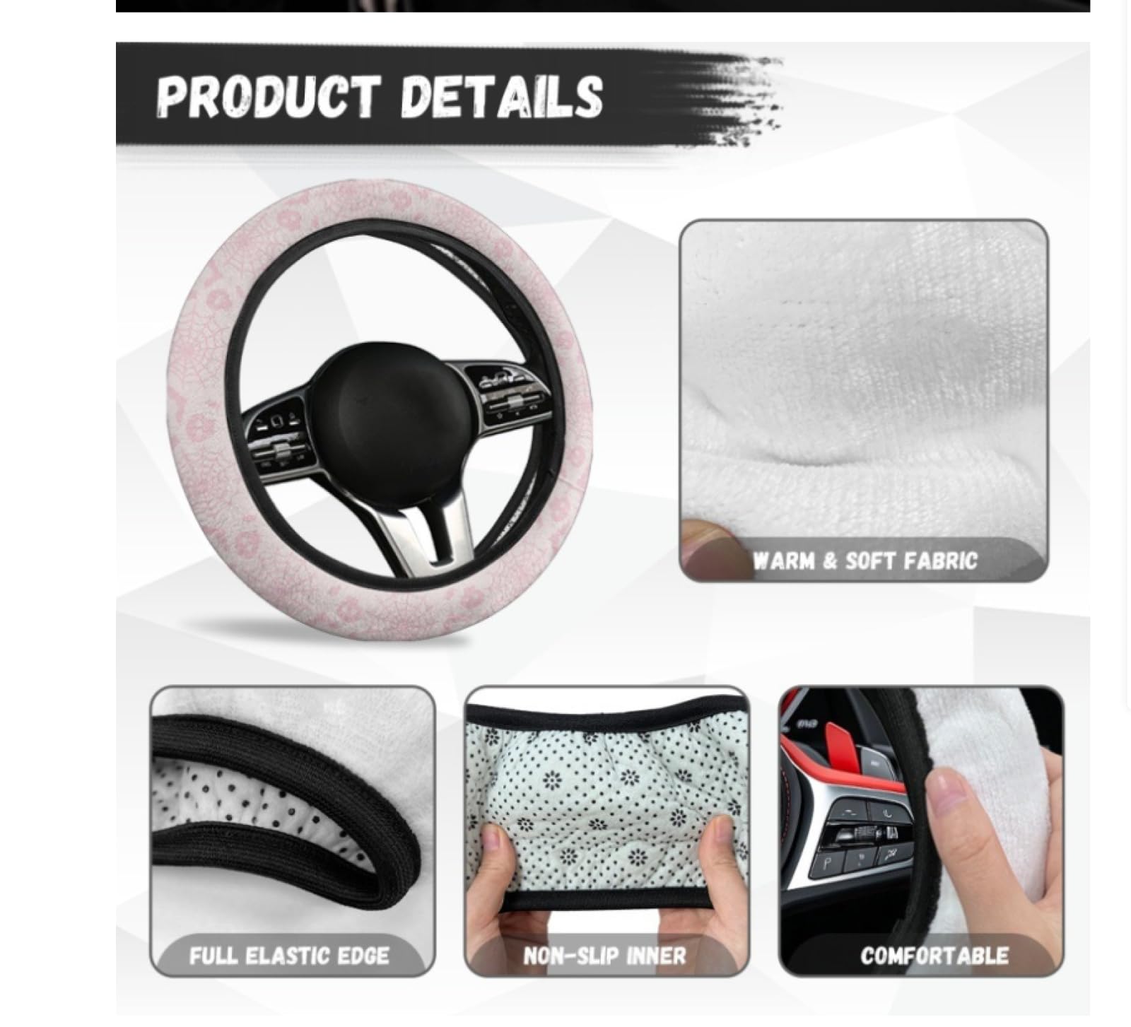 Funda Volante Coche Universal Rosa Franela Antideslizante, Suave Adecuado para Todas Las Estaciones, Funda Volante 38 Cm