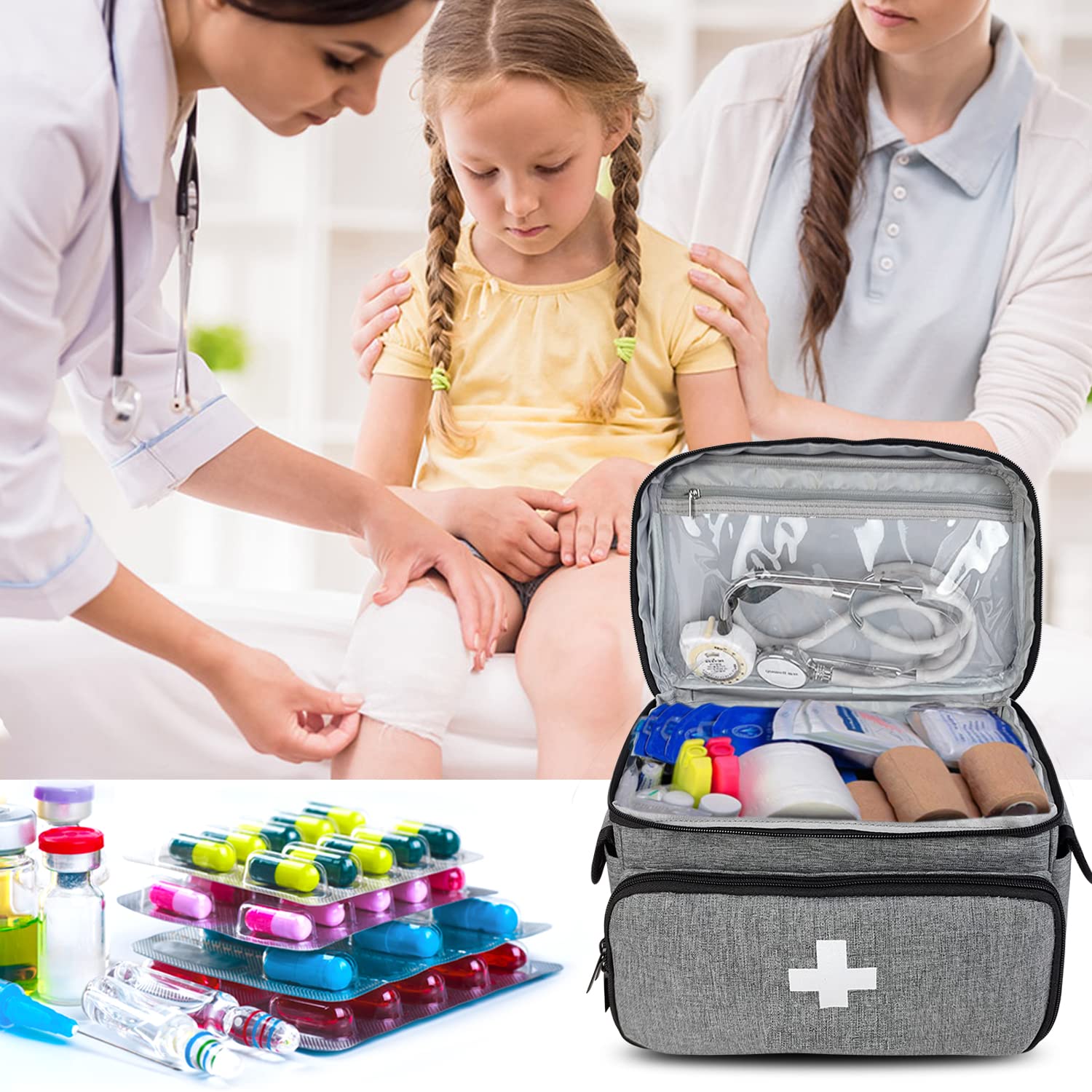 Boczif Kit di pronto soccorso, Borsa di trasporto di stoccaggio di primo soccorso, Organizer kit medici di emergenza, per la casa, ufficio, viaggi, all'aperto (grigio)(solo borsa)