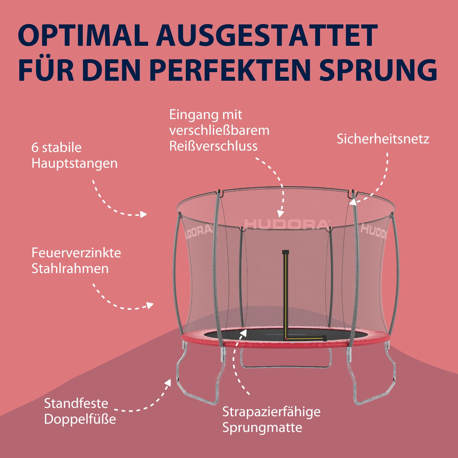 HUDORA Trampolin Fantastic in versch. Größen - Gartentrampolin mit Sicherheitsnetz - Sporttrampolin für bis zu 100kg - Familien-Trampolin mit extra breiter Randabdeckung für Kinder & Erwachsene