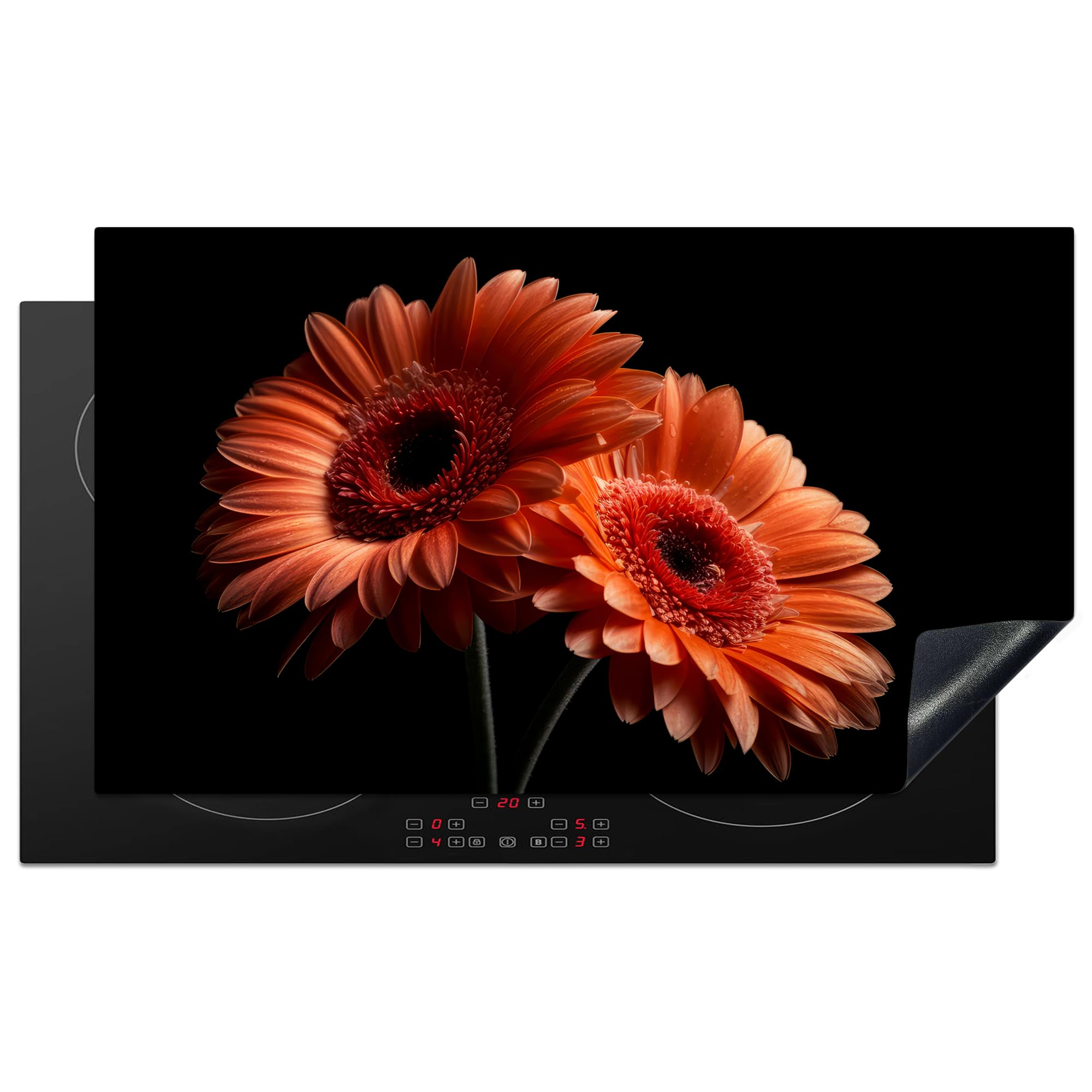 KitchenYeah© Induction Hob Cover Protector Mat 20.5"x35.9" / 91.2x52 cm Kitchen Universal Ceramic Covers for Electric Cookers Vinyl Flowers - Botanical - Gerbera - Orange - Black