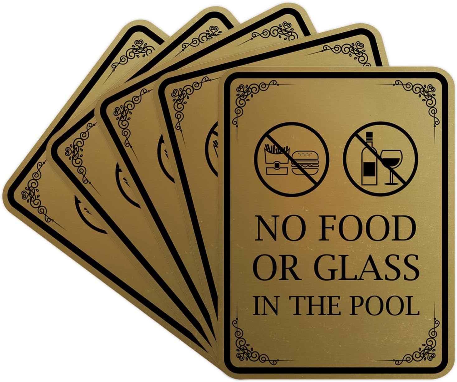 Portrait Round No Food or Glass In The Pool Door or Wall Sign | Easy Installation | Elegant Design | Pool Safety Sign (Brushed Gold) - Small (5 Pack)
