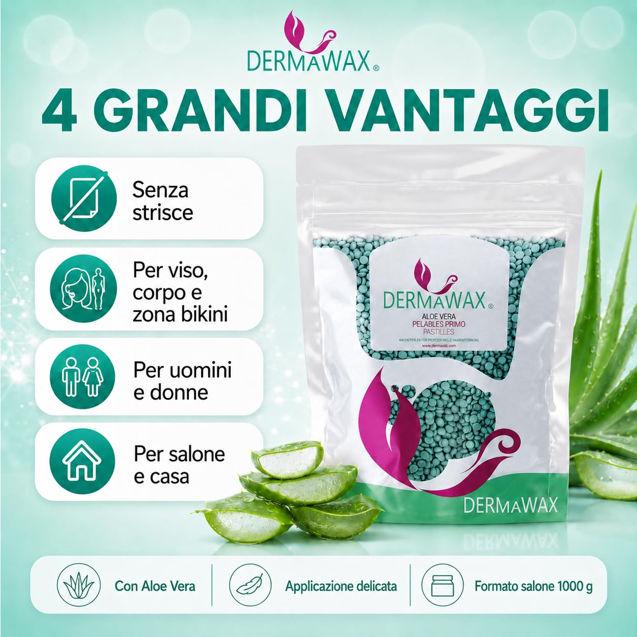 Dermawax Perle di Cera Aloe Vera 1 kg – Cera a Caldo Senza Strisce per Pelle Sensibile – Epilazione Professionale per Bikini, Viso e Corpo – Made in Italy