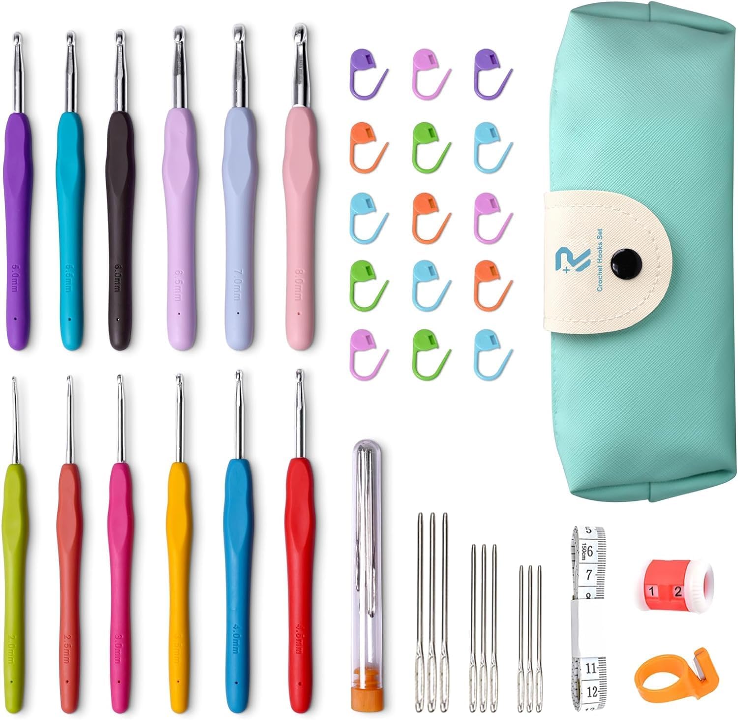 WaresOne Crochet Hooks Set with Ergonomic Soft Grip Handles, Full Size Crochet Needle Kit with Stitch Markers, Yarn Needles, Measuring Tape, Row Counter & Storage Case for Beginners and Adults-image-43
