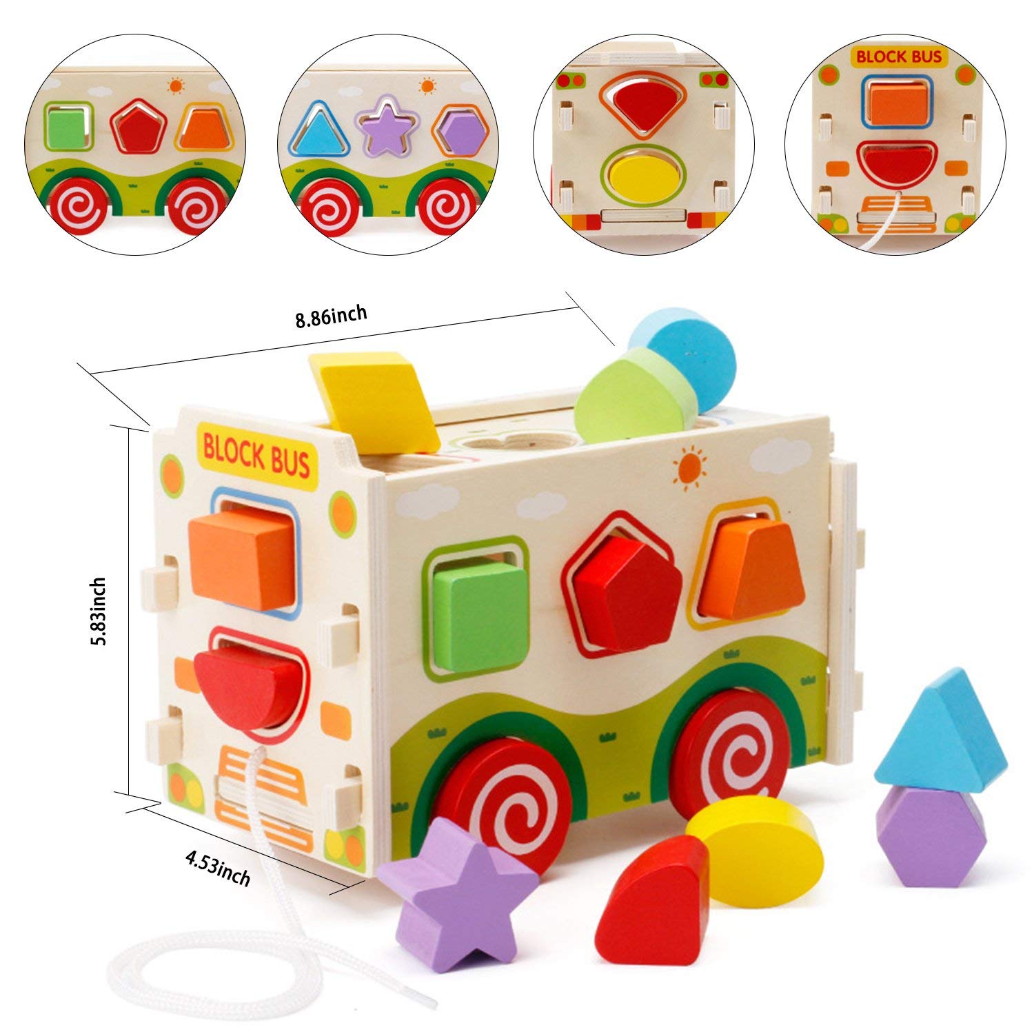 Buy HMtech Wooden Shape Sorter Toys, Wooden Shape Sorter Bus with