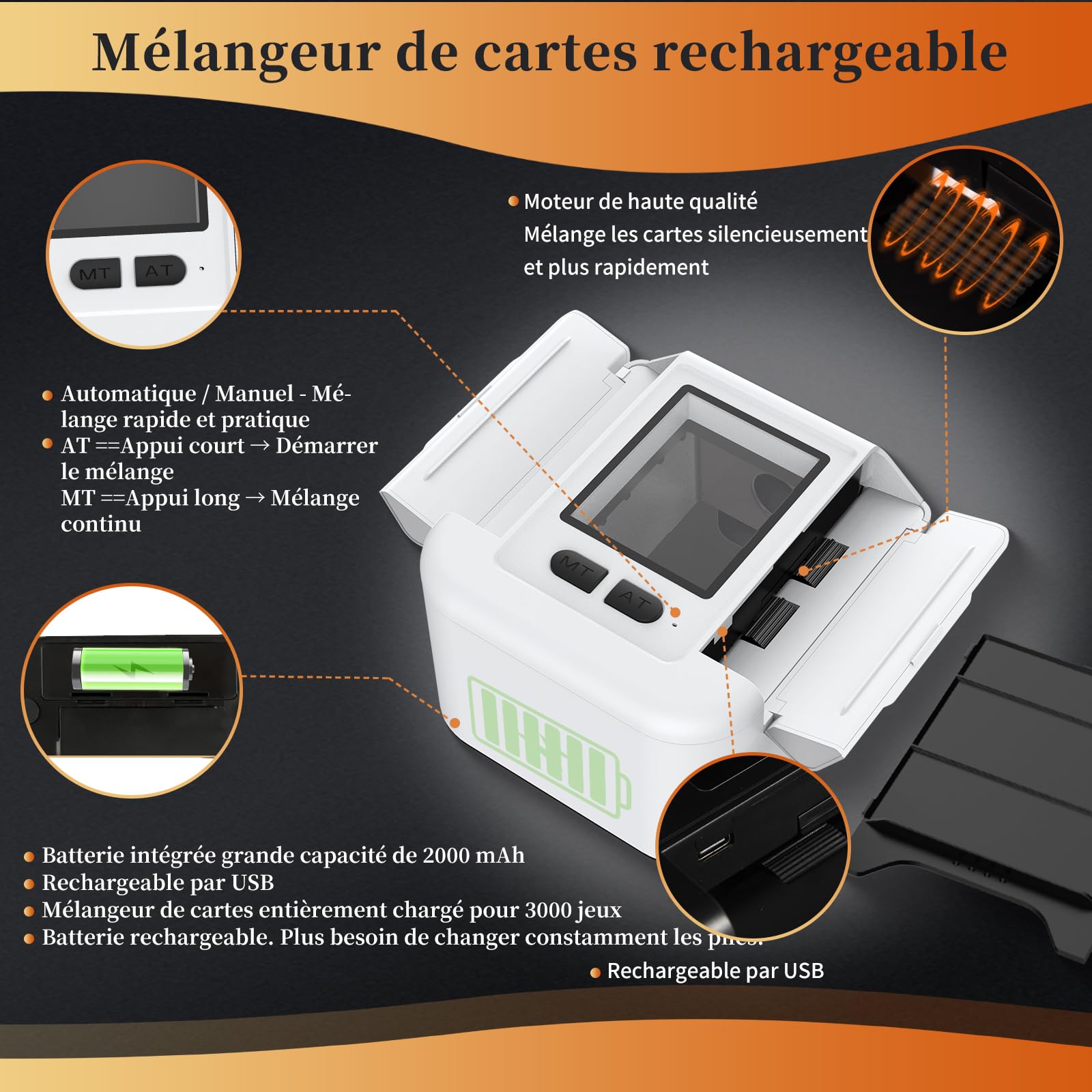Mélangeur de Carte Automatique 1-2 Jeux, Card Mixer Silencieux pour UNO Skyjo PILI PILI Skip-Bo, Auto & Manual, Chargement USB, Portable Mélange et rapide + Cas de Poker (Blanc)